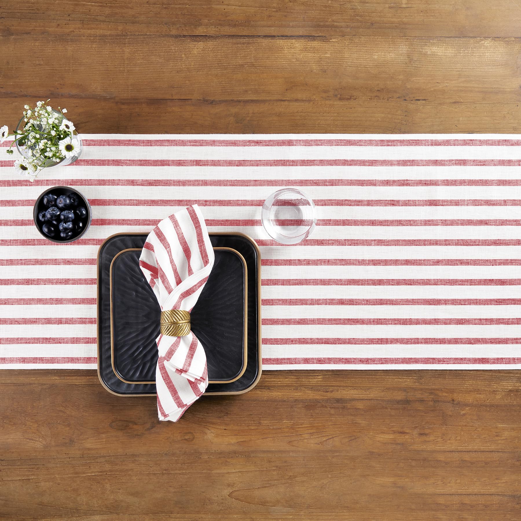 Solino Home Stripe Linen Table Runner 48 Inch - 100% Pure Linen Red And White Short Table Runner 14 X 48 Inch Ideal For Dresser