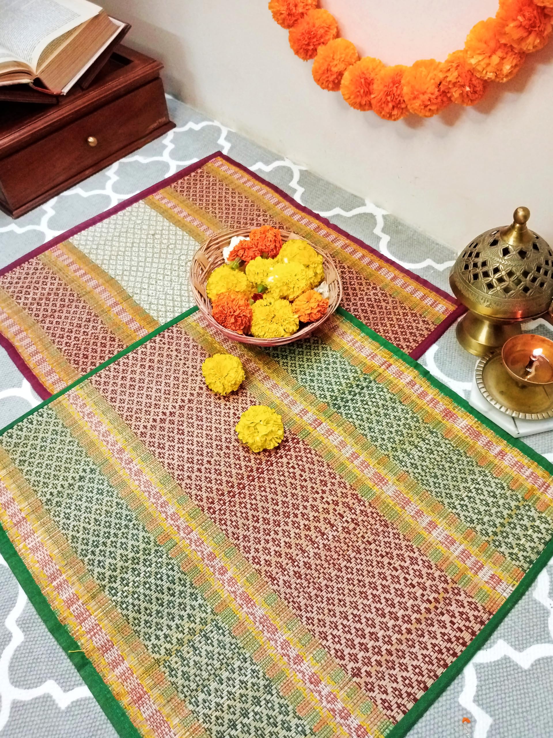 Kalatree Handmade Heat Resistant Mats For Prayer Meditation Picnic | Madurkathi Chatai Mat Natural River Korai Grass | Mixed Set