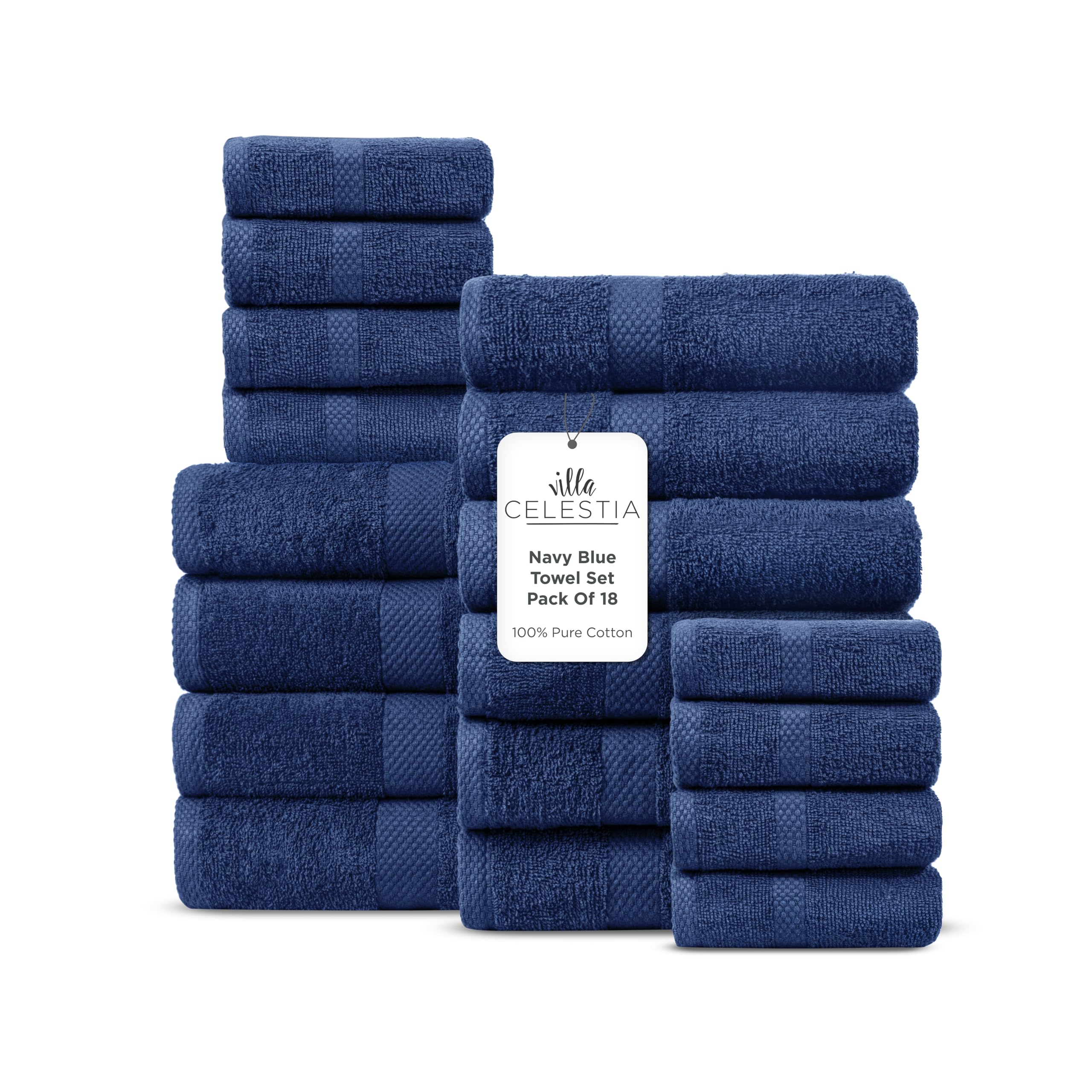 Villa Celestia 100% Cotton Bath Towel Set Of 18-4 Bath Towels, 6 Hand Towels, 8 Wash Cloths, Sustainable, Soft, Highly Absorbent