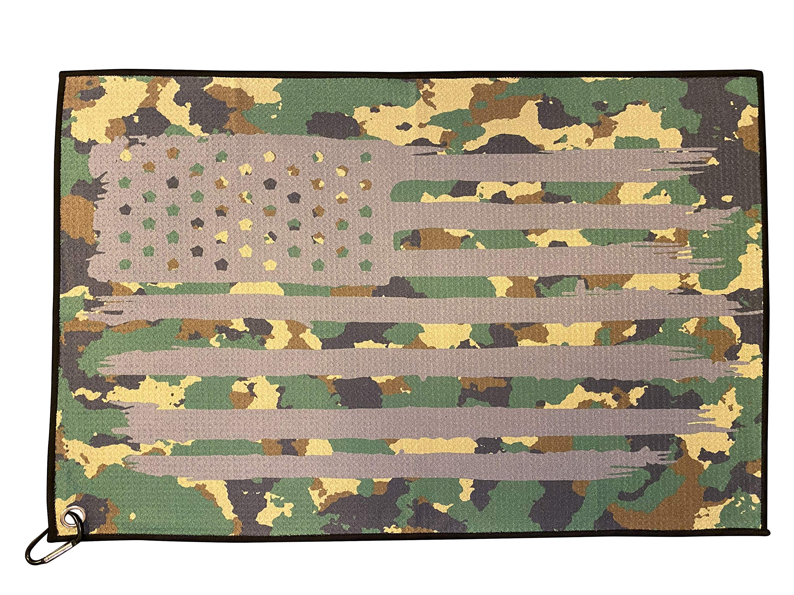 Microfiber Golf Towel - Thin Green Line Military Camo American Flag Graphic Golf Towel With Carabiner