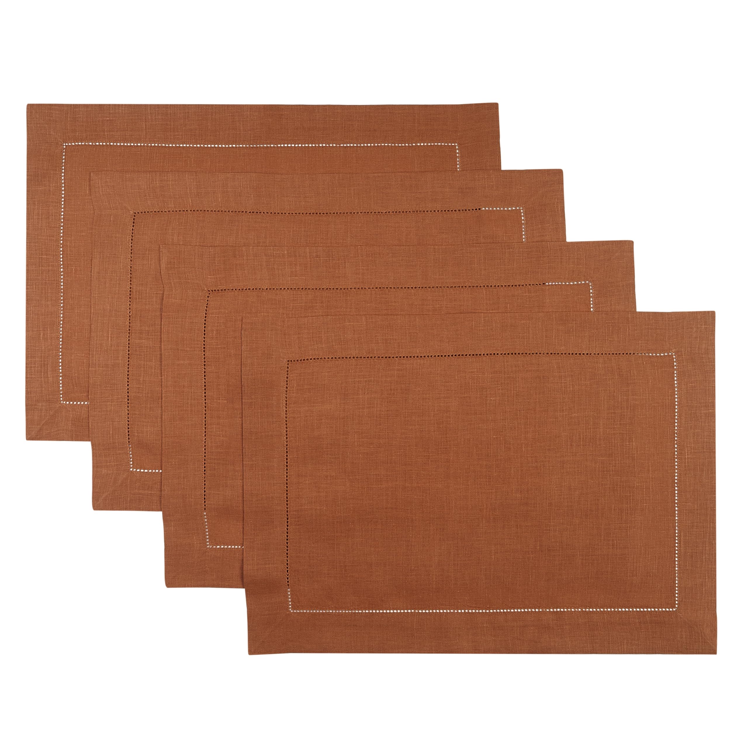 D'Moksha Homes Linen Placemats Set Of 4-100% Pure Linen Rust Placemats 14 X 19 Inch - Classic Hemstitch, Washable Rust Placemats