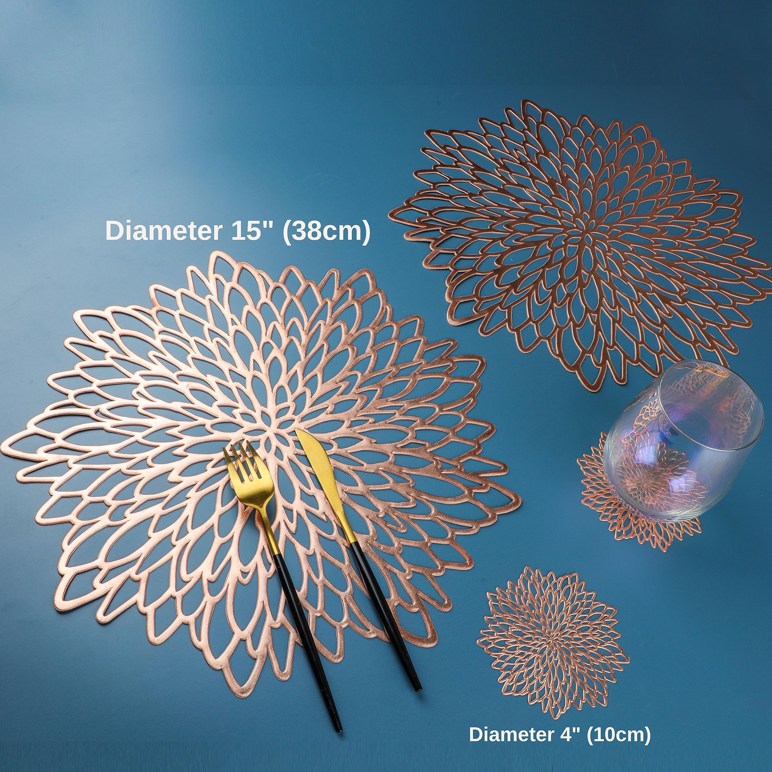 Snowkingdom 6 Pairs Rose Gold Placemats & Coasters 12 Pcs Metallic Pressed Vinyl For Dinning Table Mats Decoration Round Floral