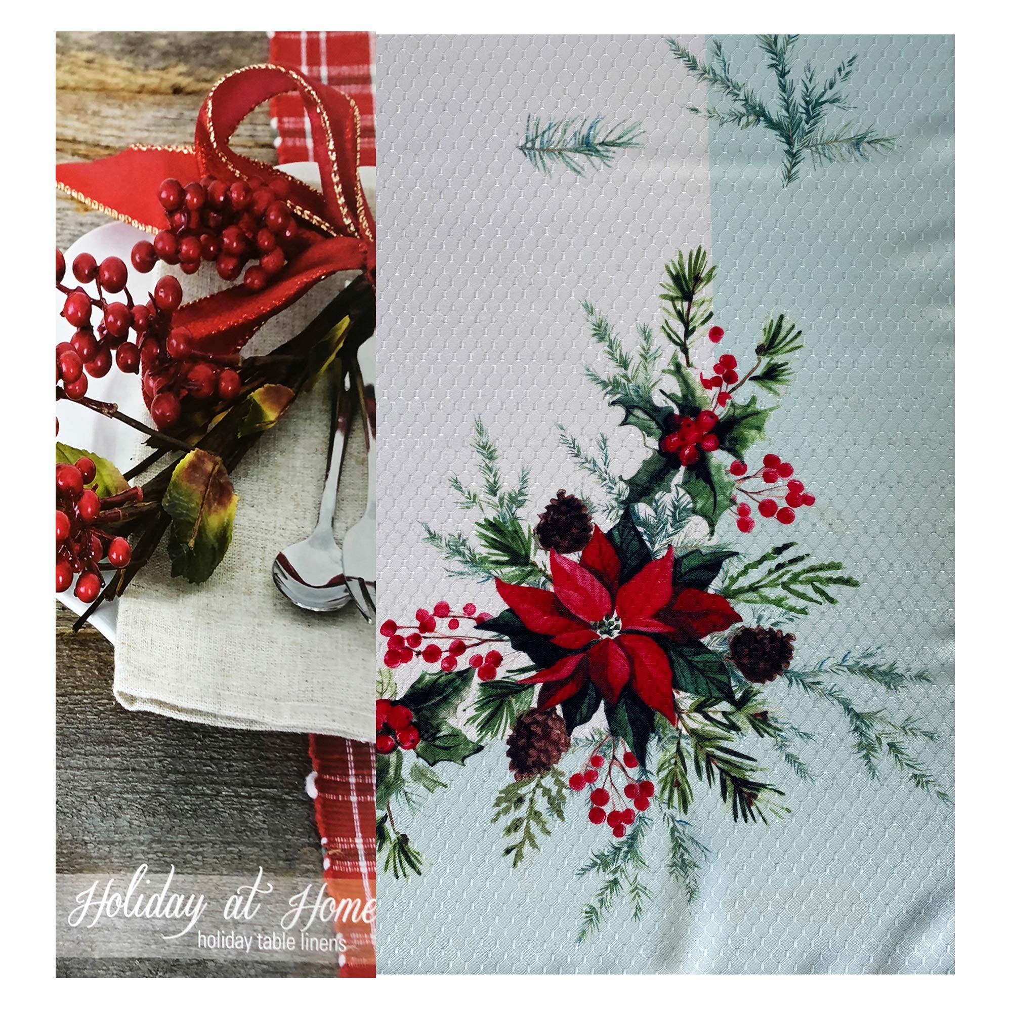 Lintex Holly Bough Stonewashed Border Traditional Christmas Tablecloth, Poinsettia And Holly Sprig, Sage Bordered Xmas Holiday E