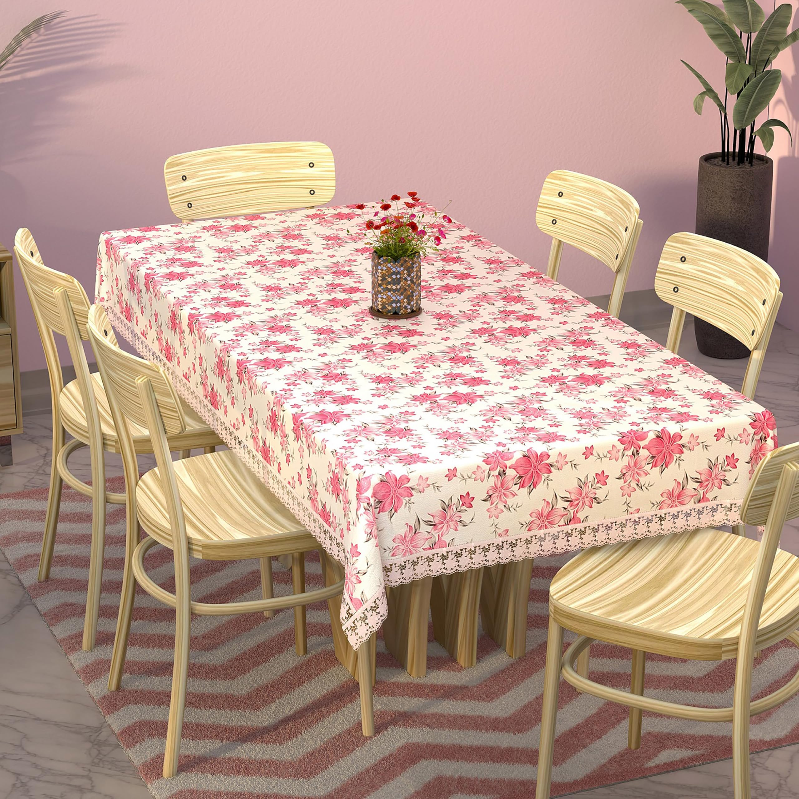 Kuber Industries PVC Flower Print Dining Table Cover  6 Seater (Pink, White, Standard)  KUBMART11752 Polyvinyl Chloride,Pack o