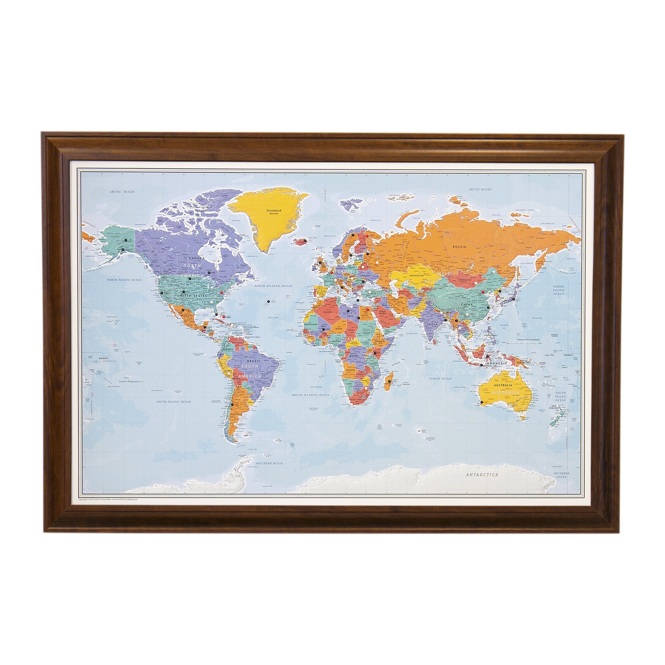 Push Pin Travel Maps - Blue Oceans World - Brown Frame Framed Pin Map For Tracking Your Travels - 27.5'' X 39.5'' - 8 Handcrafte