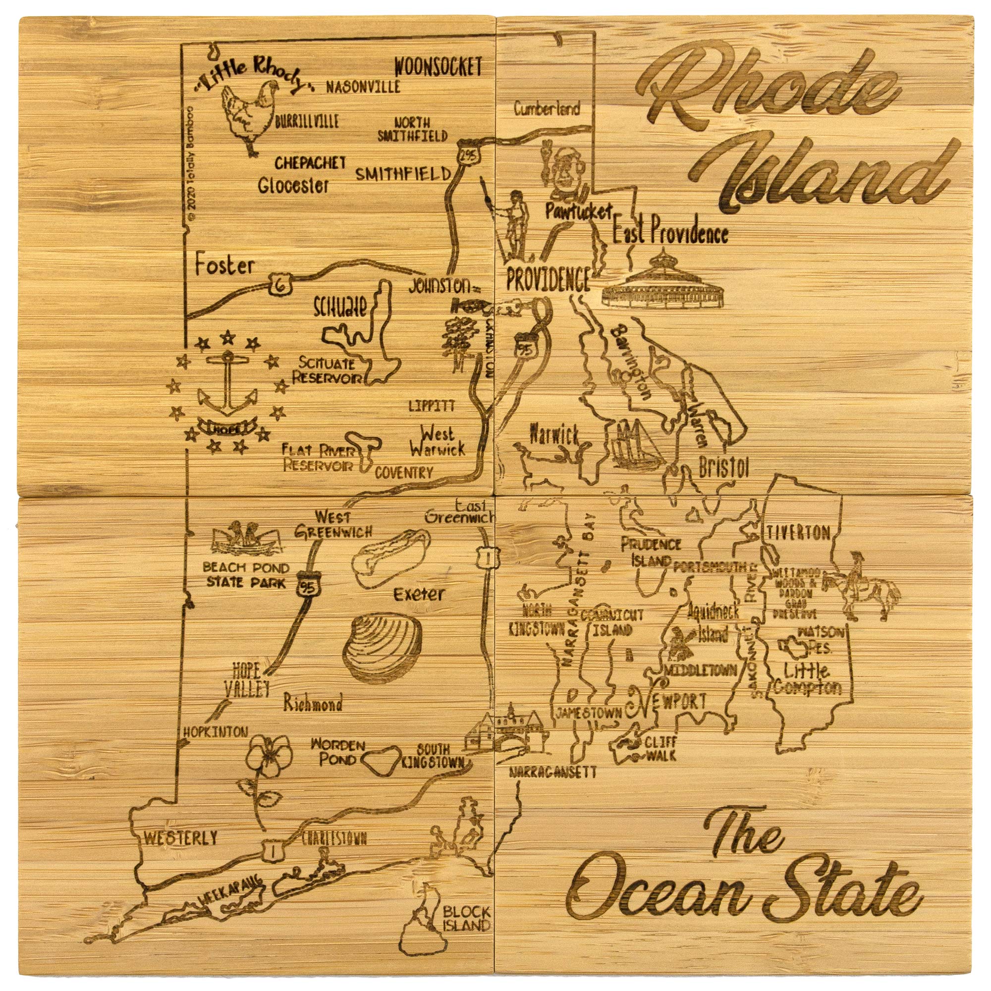 Totally Bamboo Rhode Island State Puzzle 4 Piece Bamboo Coaster Set with Case