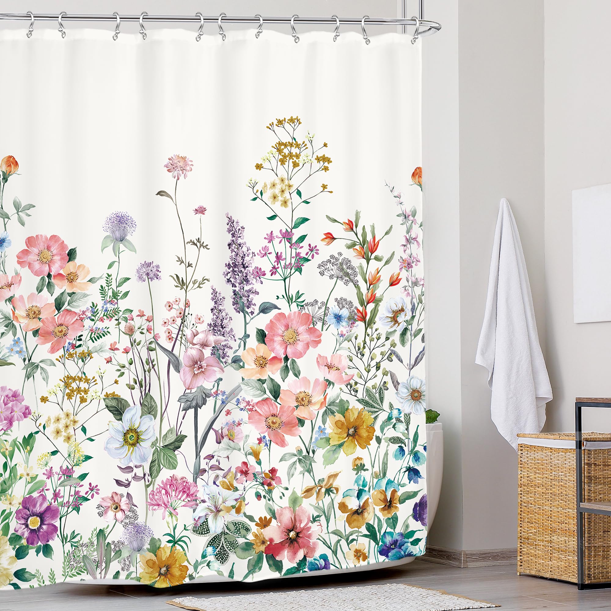 Glawry Spring Cool Wildflowers Shower Curtain 60Wx72L Inches Watercolor Lavender Purple Lilac Floral Green Leaf Botanical Bathro