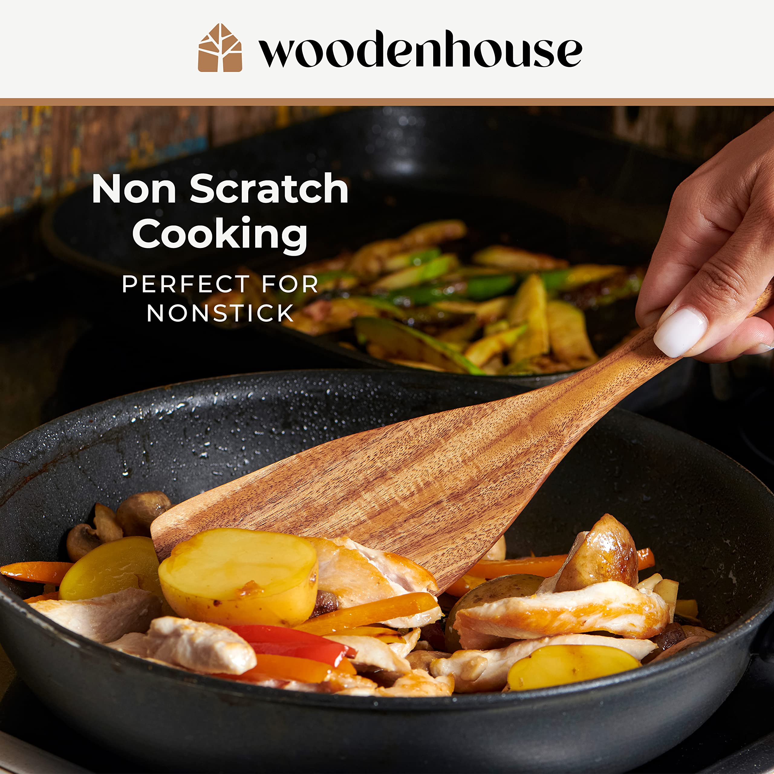 WOODENHOUSE Wooden Spoons Set - 6 Pcs Teak Kitchen Utensils, Comfortable Grip, Non-Stick Cooking Tools