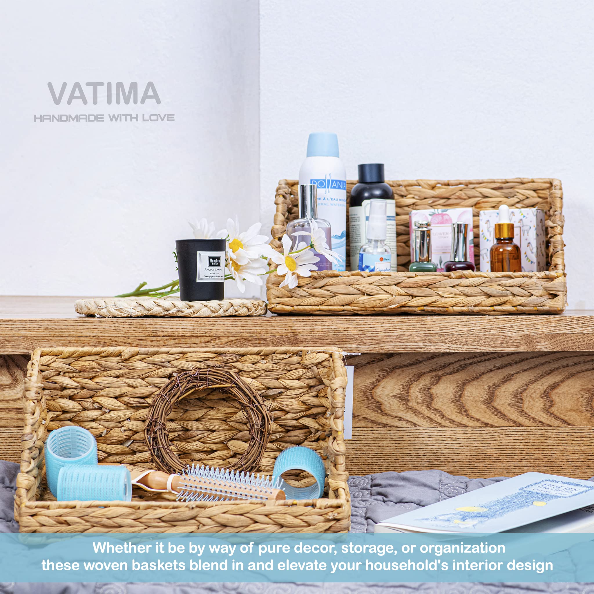 VATIMA Water Hyacinth Storage Baskets for Organizing  Medium Open-Front Wicker Basket for Kitchen  for Shelves  11.8? x 7.5? x 5.5?  2 Pack