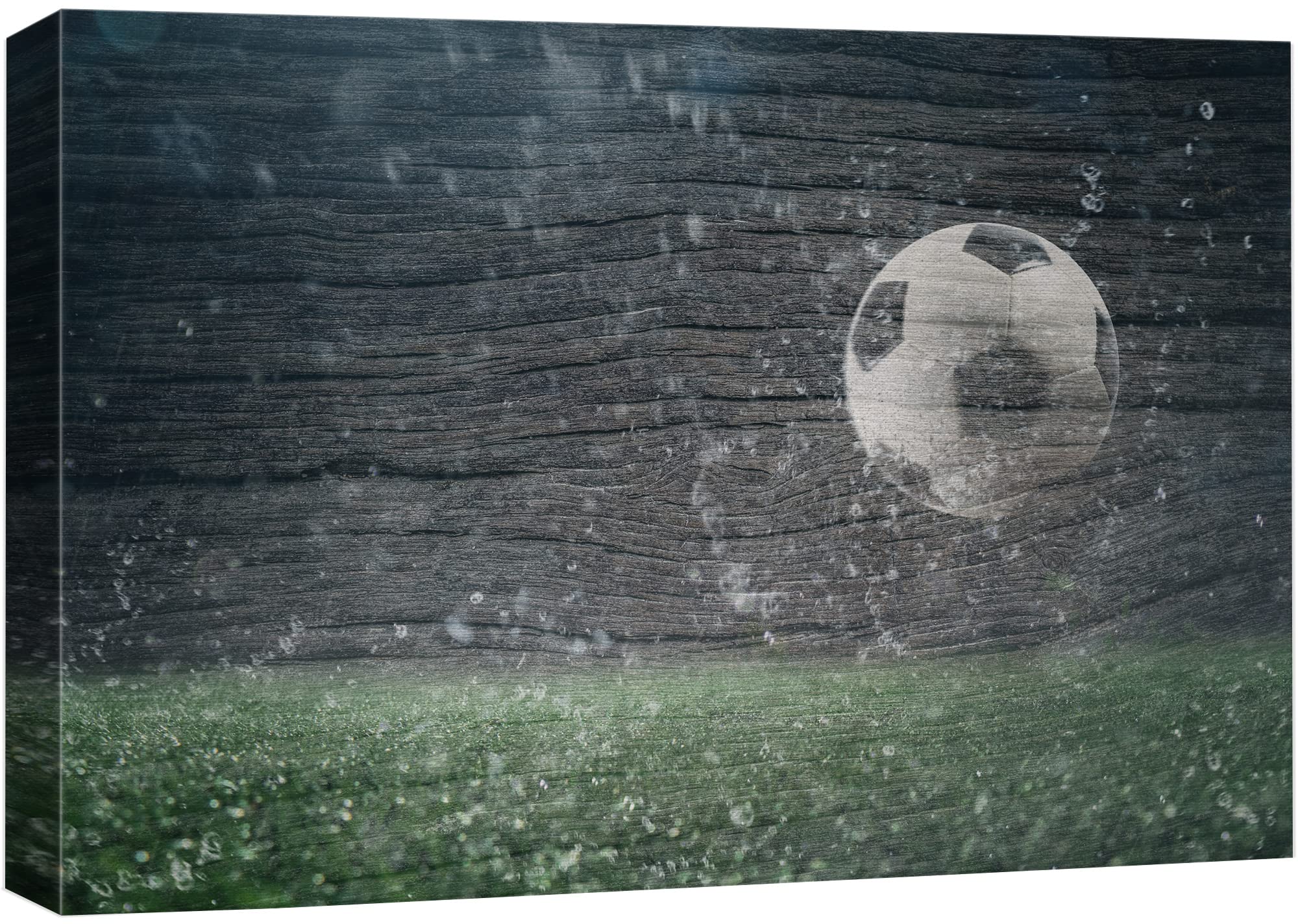 Wall26 Canvas Print Wall Art Wood Panel Effect Rainwater Soccer Ball Field Boys Room Decor Sports Fitness Photography Realism De