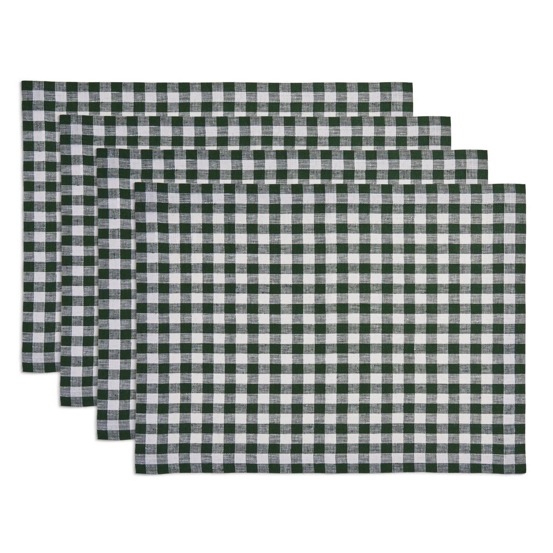 Solino Home Linen Placemats 14 X 19 Inch - 100% Pure Linen Green Plaid Cloth Placemats Set Of 4 - Gingham Check, Washable Fabric