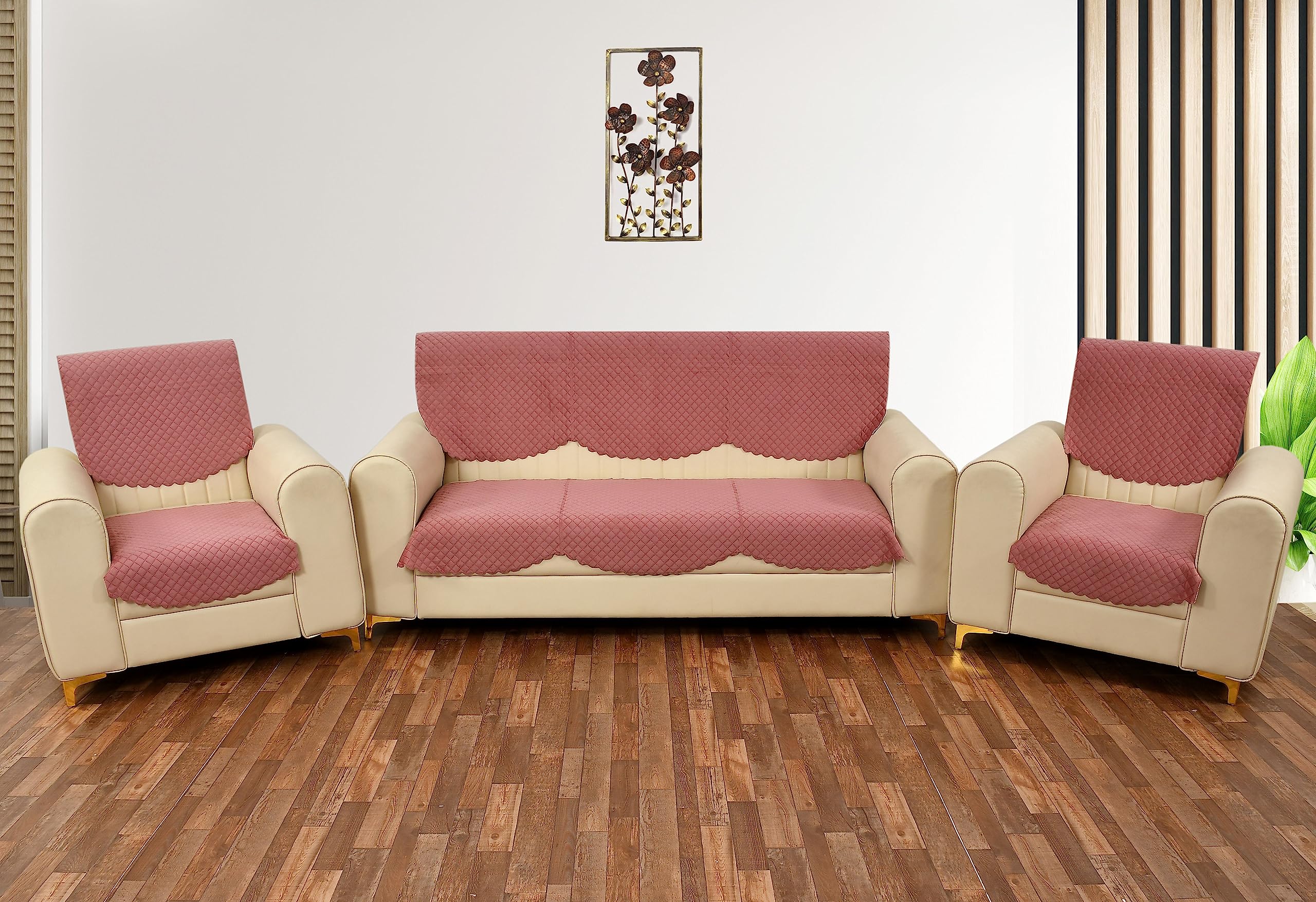 Yellow Weaves 5 Seater Self Design Quilted Sofa Cover And Chair Cover, Seat & Back Cover, Color - Rose Gold - Velvet