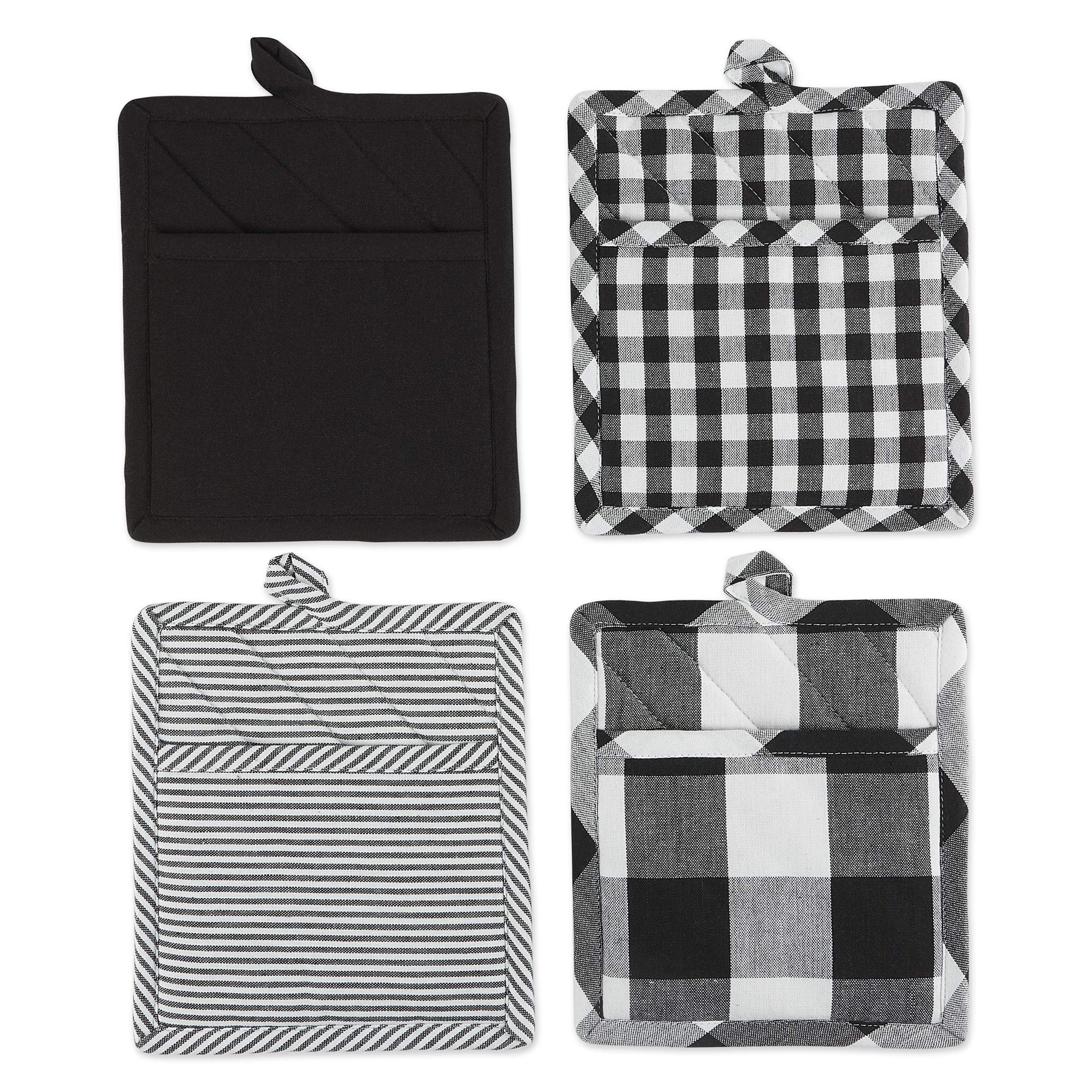 DII Gingham Check Kitchen Collection, Black, Potholder Set