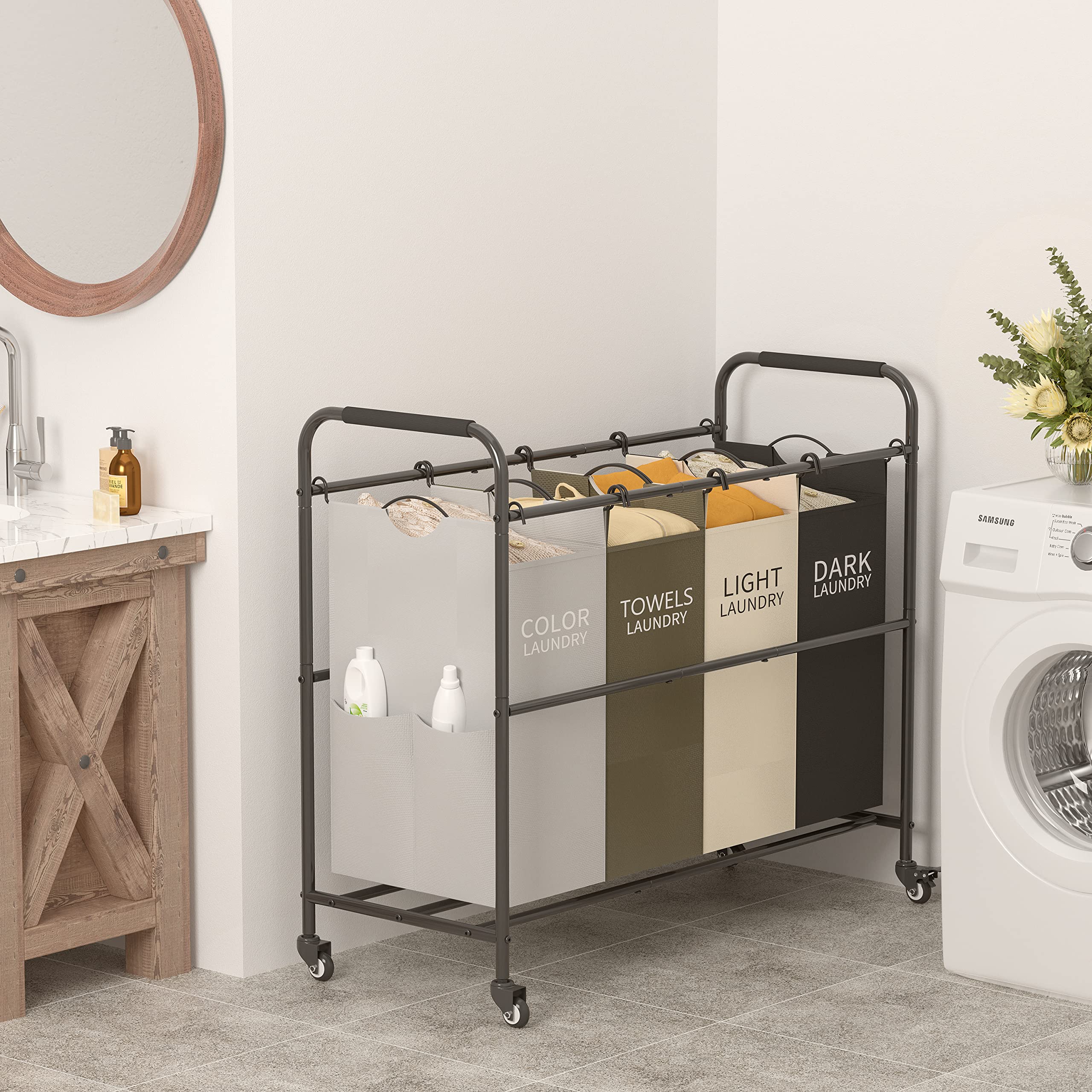 Tajsoon 4 Bag Laundry Sorter Cart  Laundry Hamper Sorter Basket with Heavy Duty Lockable Rolling Wheels for Clothes Storage  4 Colors
