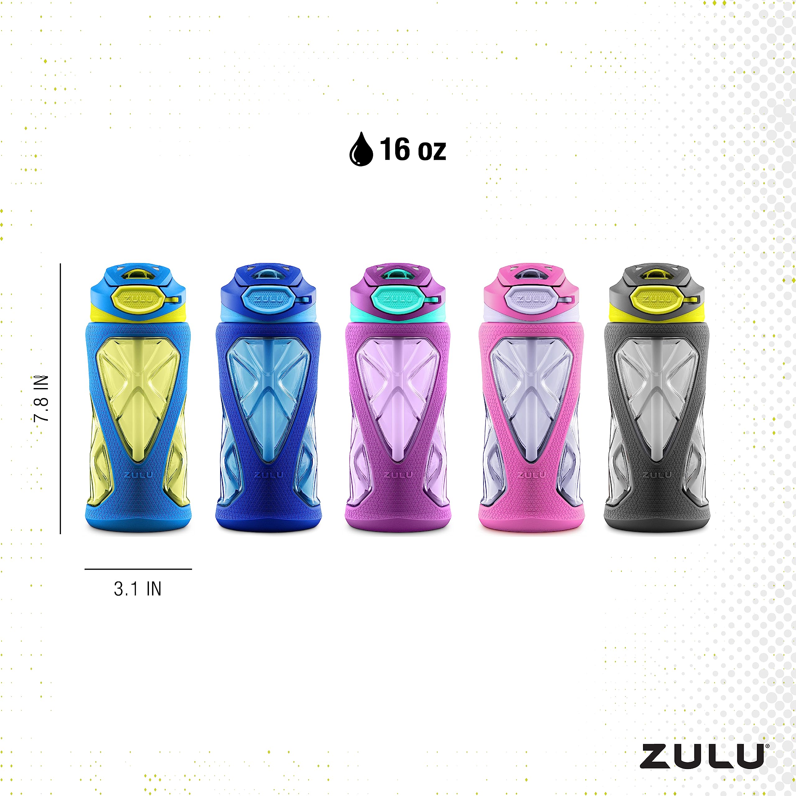 Zulu Torque 16Oz Plastic Kids Water Bottle With Silicone Sleeve And Leak-Proof Locking Flip Lid And Carry Loop For School Backpa
