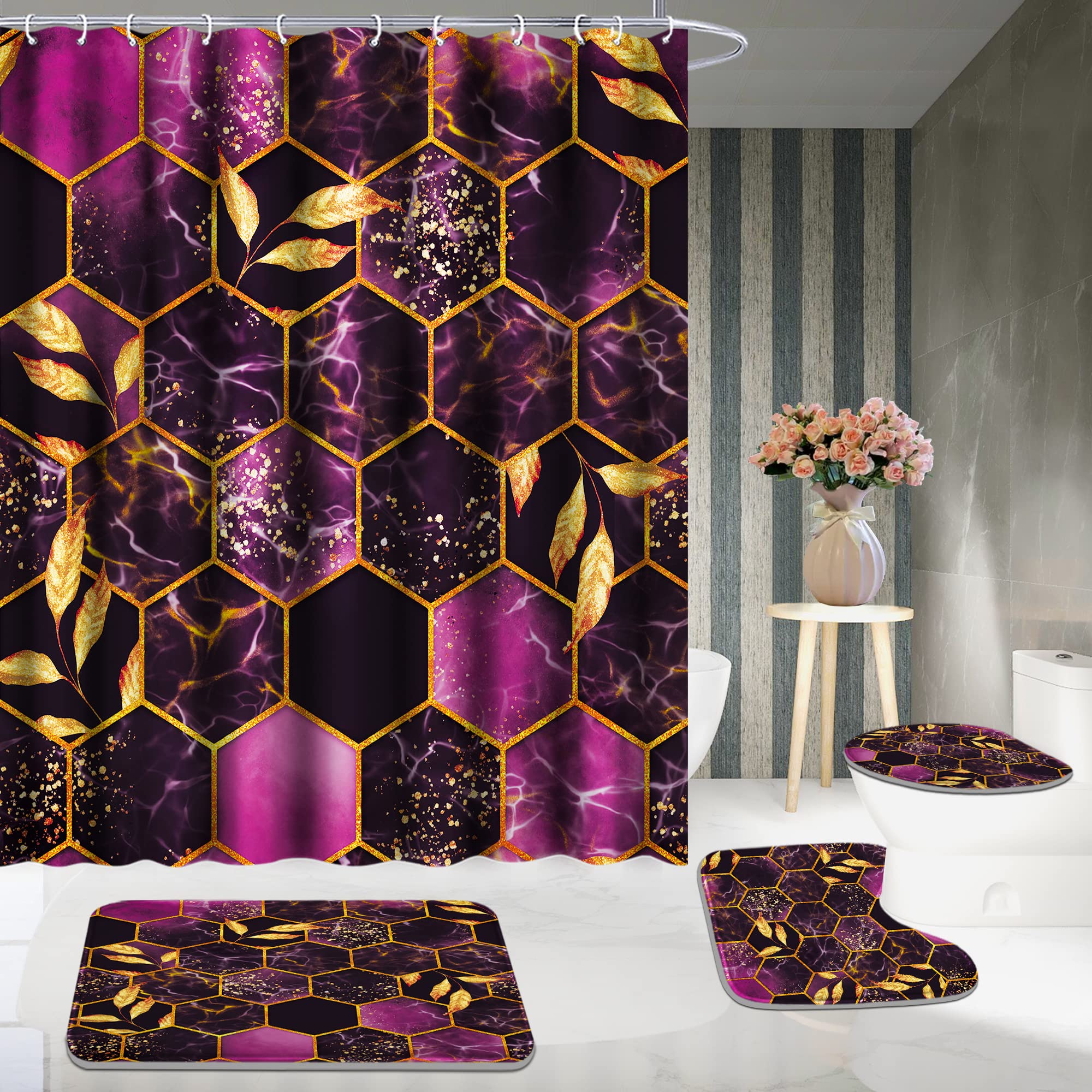 Poedist 4 Pcs Bathroom Shower Curtain Set Purple Honeycomb Marble Bathroom Sets with Rugs(Bath Mat U Shape and Toilet Lid Cover Mat) and 12 Durable Hooks