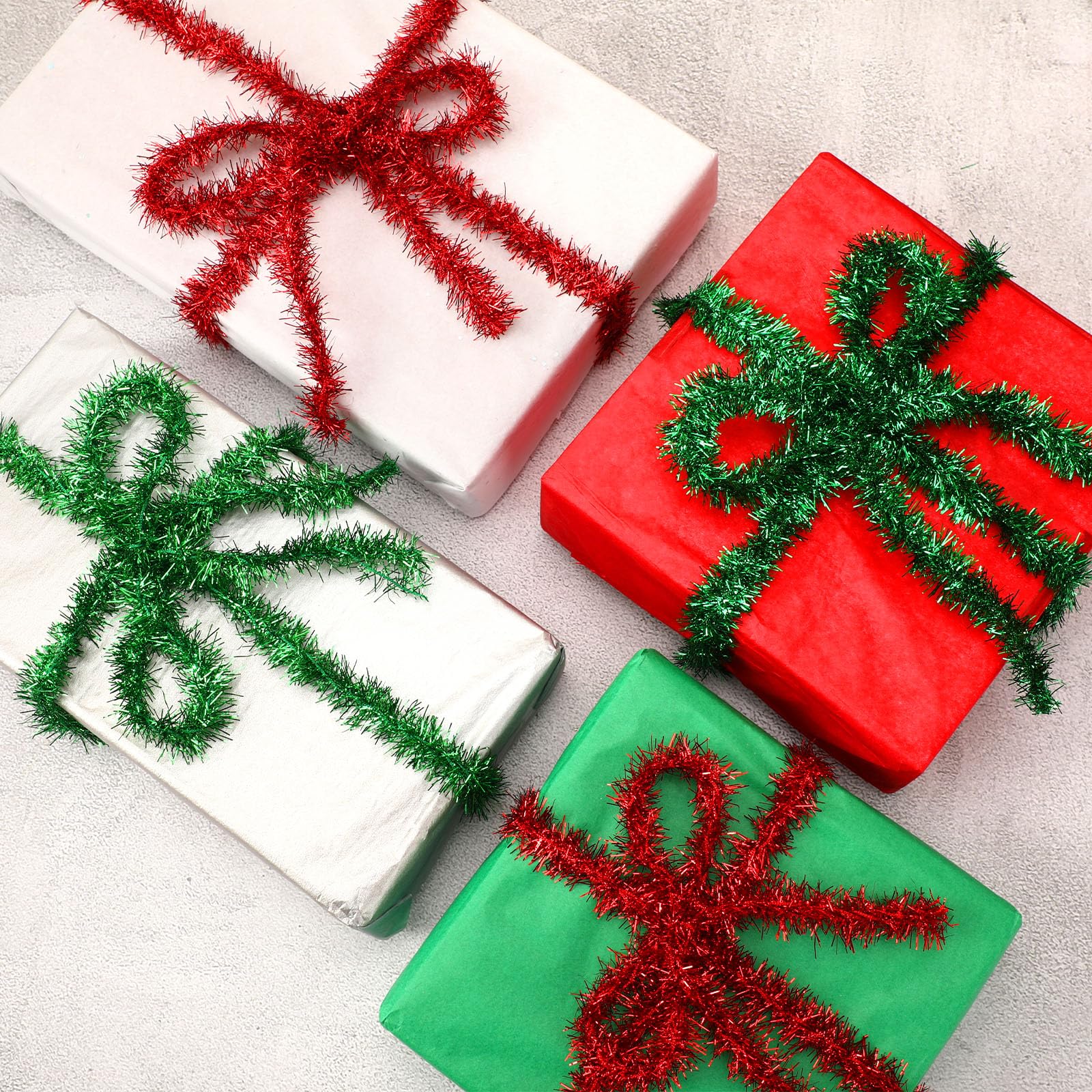 MARFOREVER 4 Rolls 65.7 FT Christmas Tinsel Ribbon Glitter Red Green Tinsel Xmas Decorations for Christmas Tree Birthday Party I