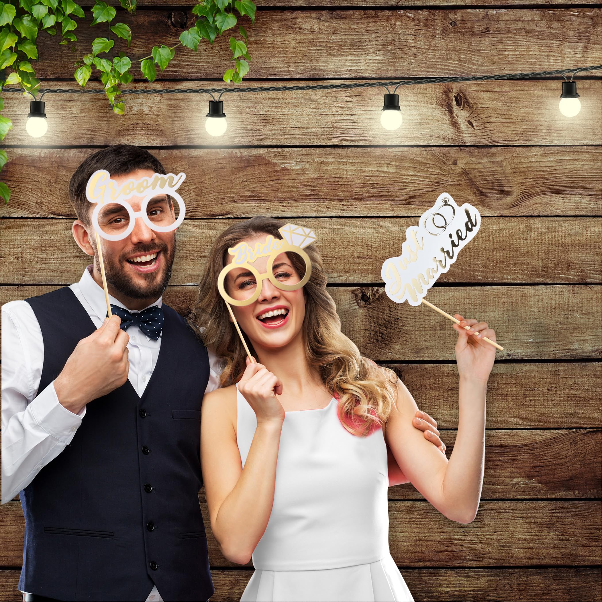 Soul Shift 60Pcs Fully Assembled Wedding Photo Booth Props - Prop Stand - Gold Signs - Elegant Wedding & Reception Party Supplie