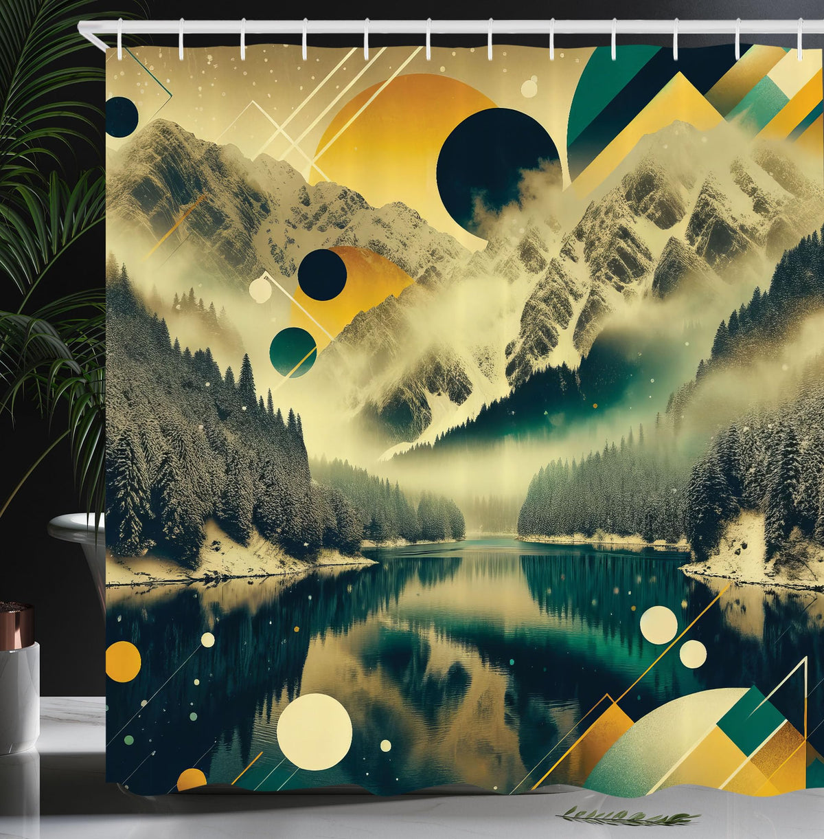 Ambesonne Lake Shower Curtain, Geometric Rounds And Triangles Ornate Misty Water Scene With Dark Woods, Cloth Fabric Bathroom De