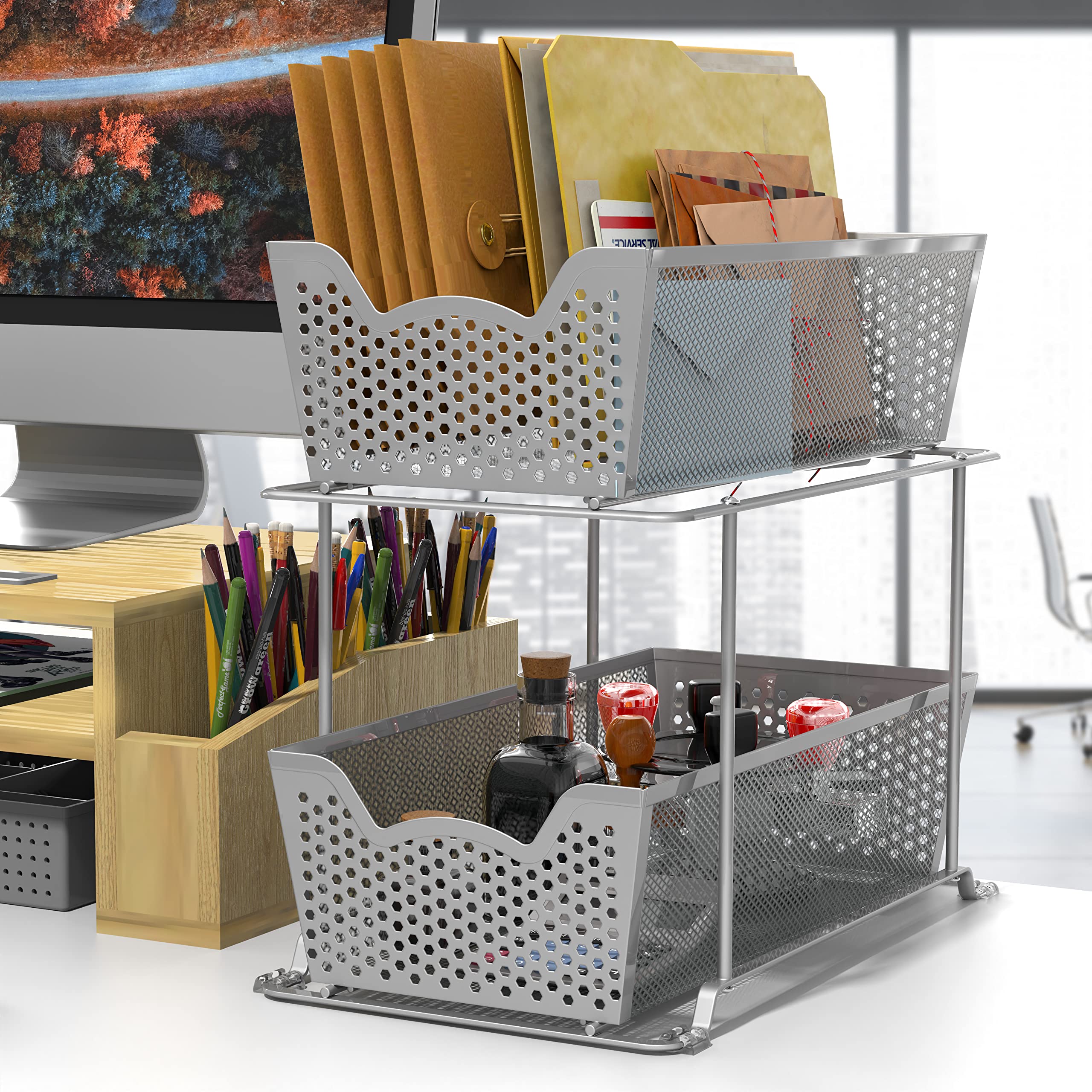 2 Pack - SimpleHouseware Cabinet 2 Tier Perforated Basket Drawer  Grey