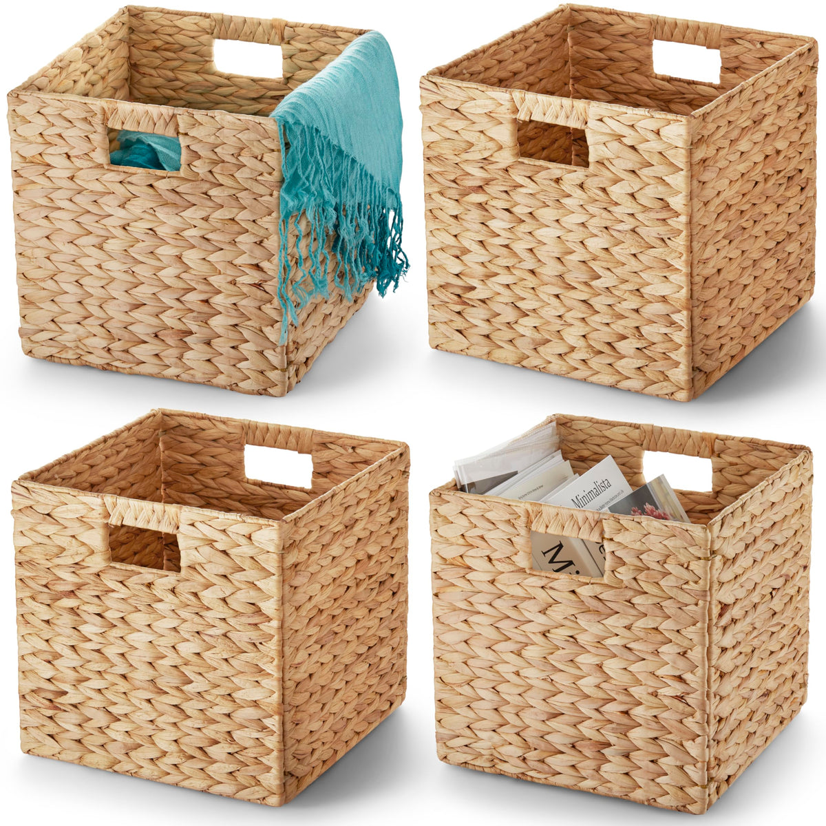 Bluewest Woven Baskets For Storage (Set Of 4) Large 11X11'' Wicker Water Hyacinth Storage Basket With Built-In Handles, Handwove