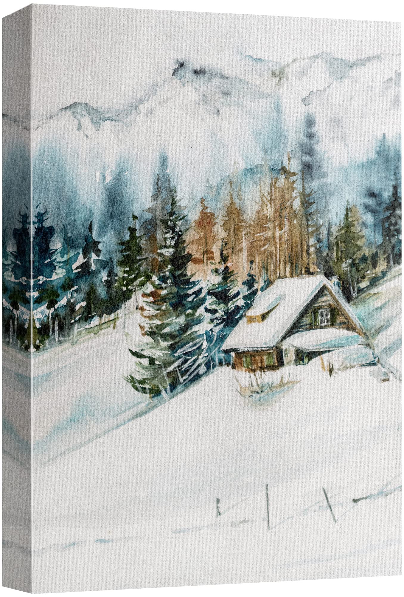 Signwin Canvas Print Wall Art Woodland Nursery Decor Log Cabin Winter Snow Mountain Forest Nature Illustrations Modern Art Decor