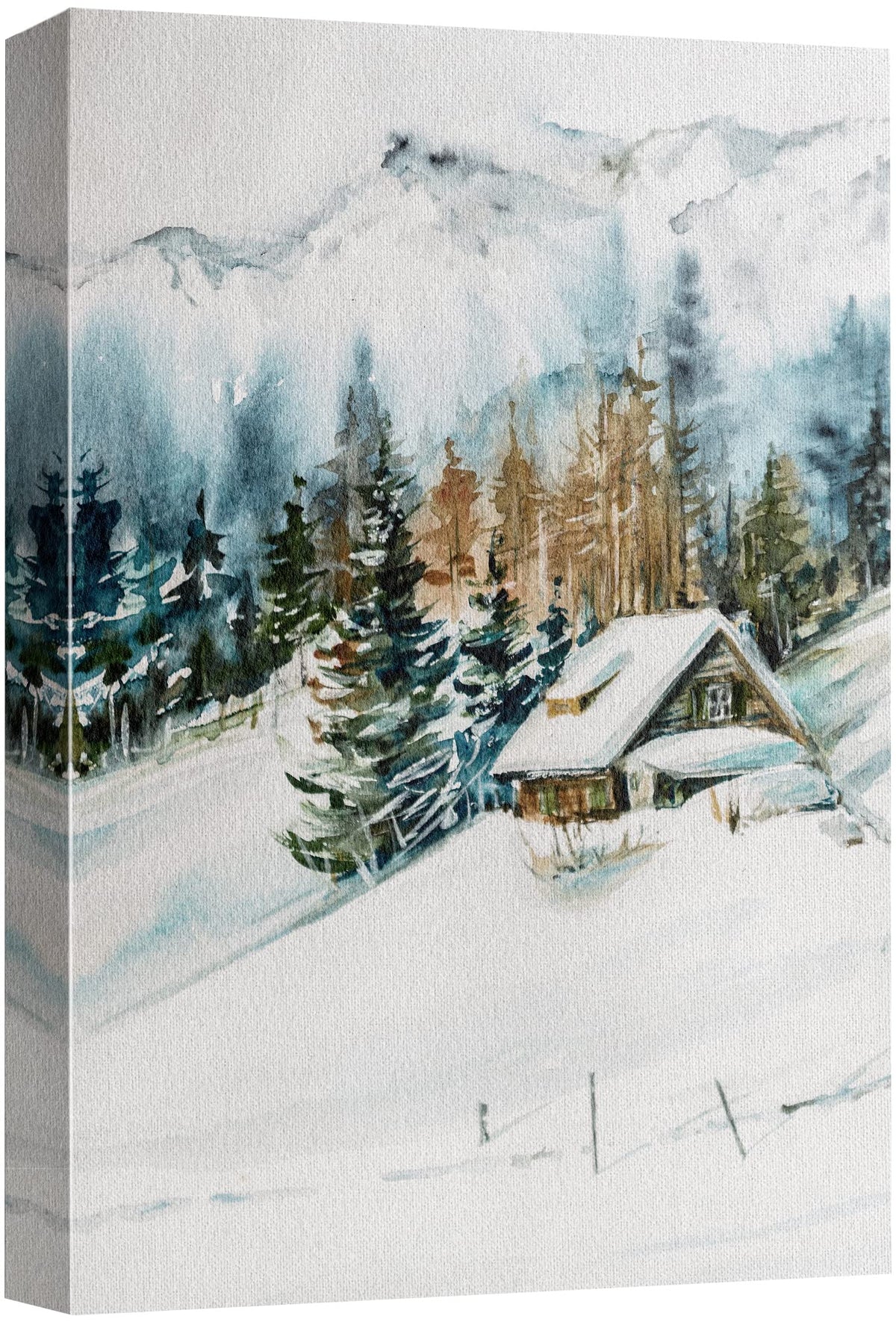 Signwin Canvas Print Wall Art Woodland Nursery Decor Log Cabin Winter Snow Mountain Forest Nature Illustrations Modern Art Decor