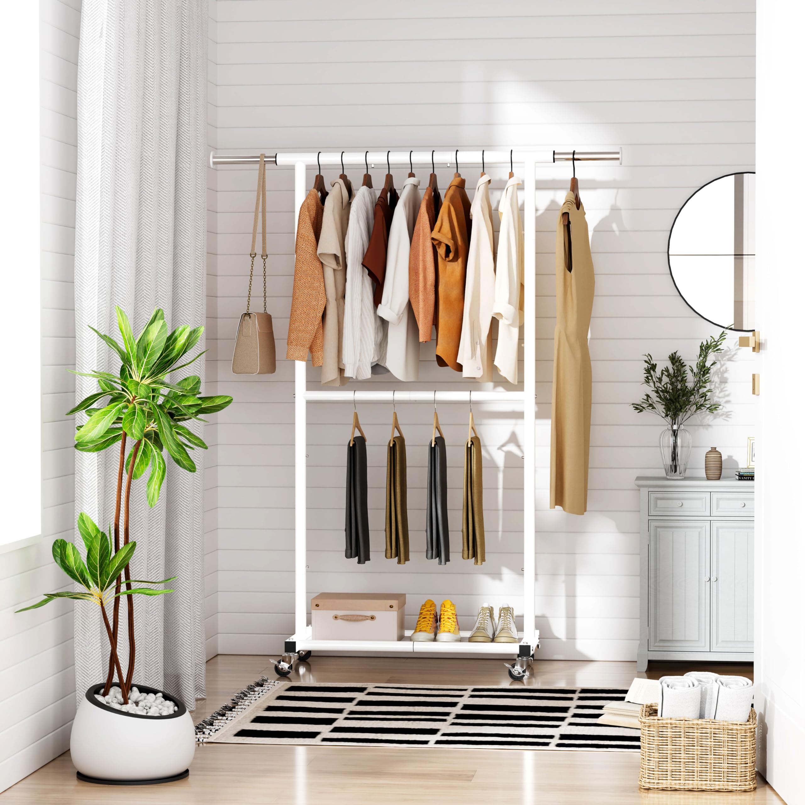Mwq Double Rod Clothes Garment Rack On Wheels, 50In Long Rolling Clothing Storage Organizer With Adjustable Rod And Shelf, White