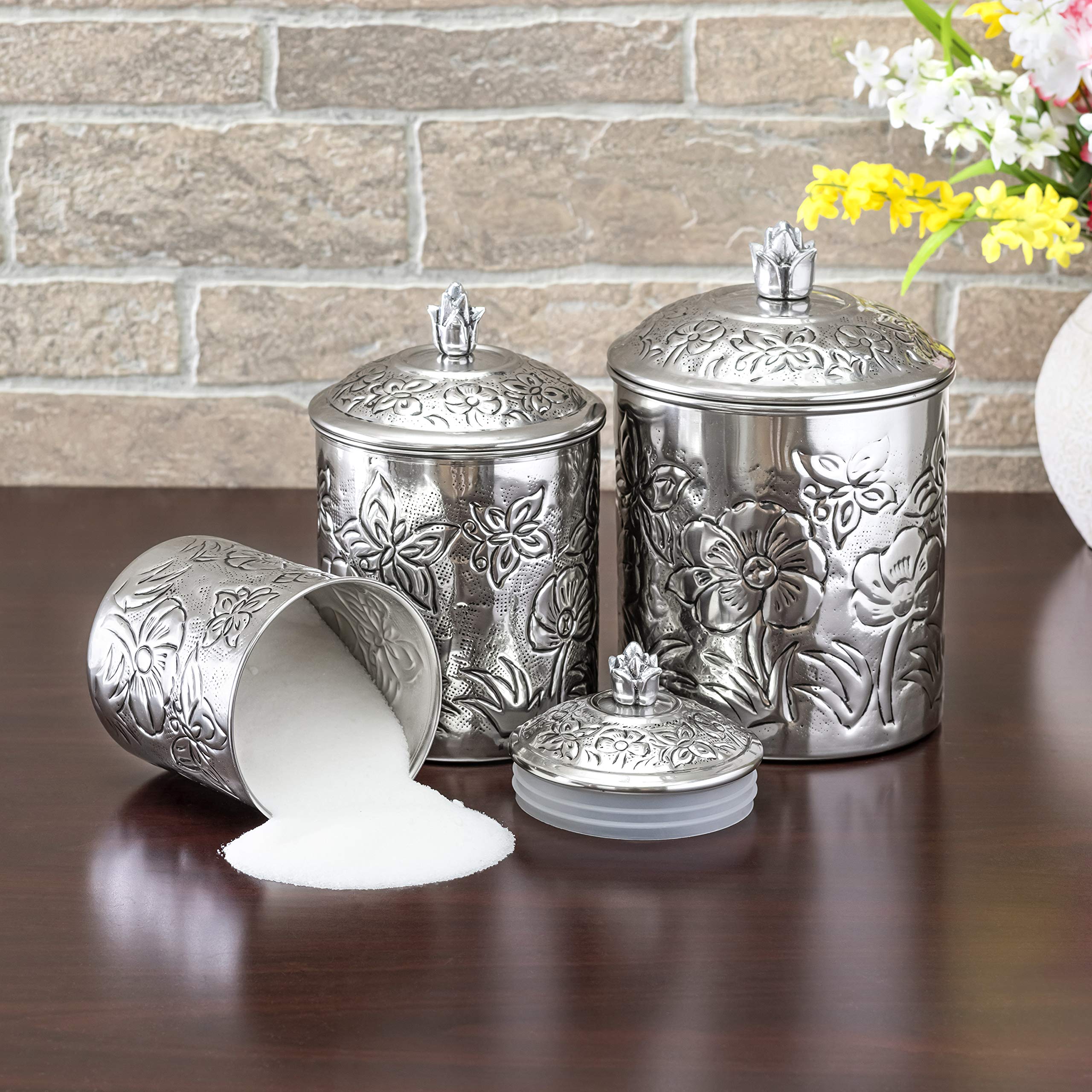 Old Dutch Embossed Butterfly Canisters, 4, 2, 1.5 Quarts, Gray