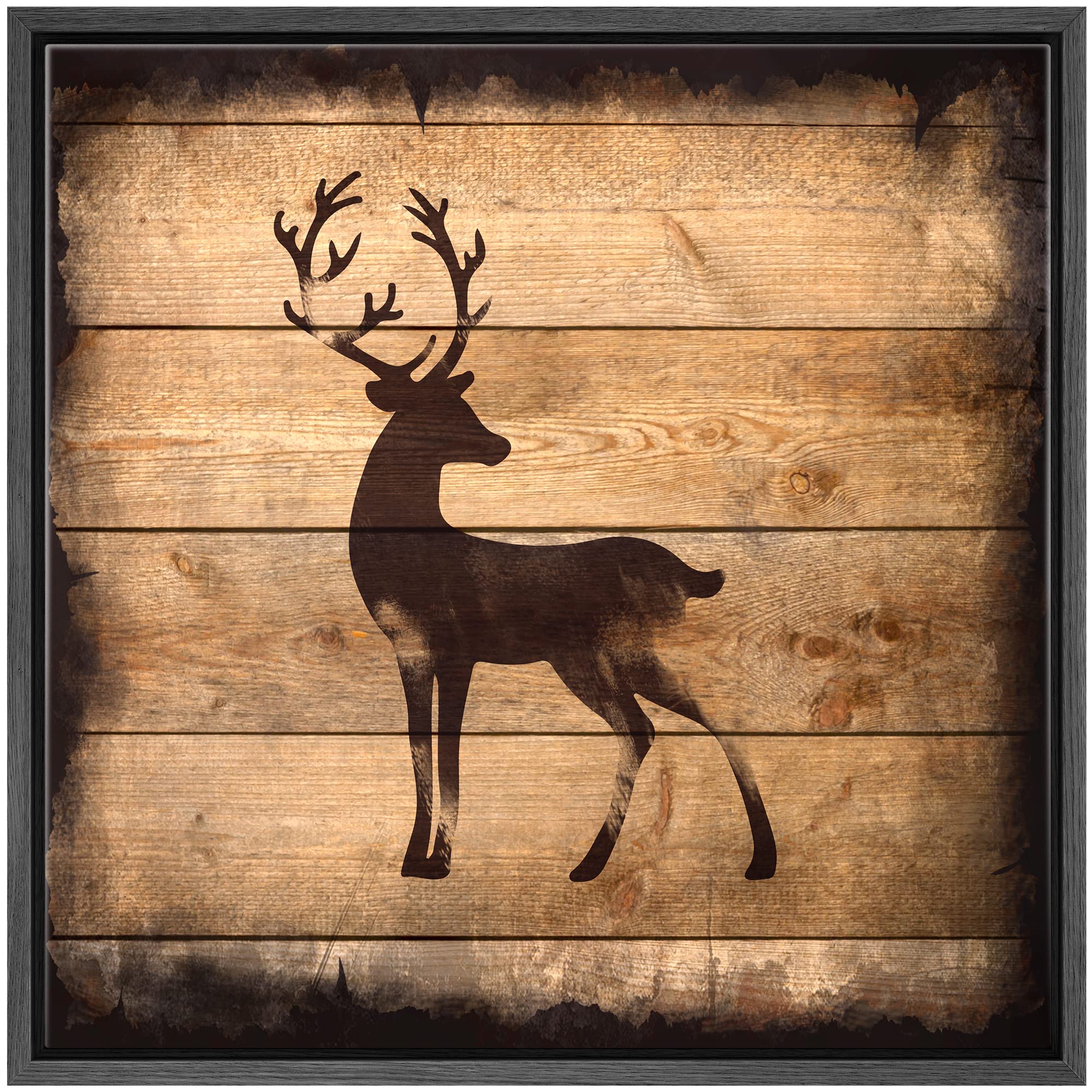 Wall26 - Square Framed Canvas Wall Art - Deer Silhouette On Rustic Wood Board Texture Background - Giclee Print Gallery Wrap Mod