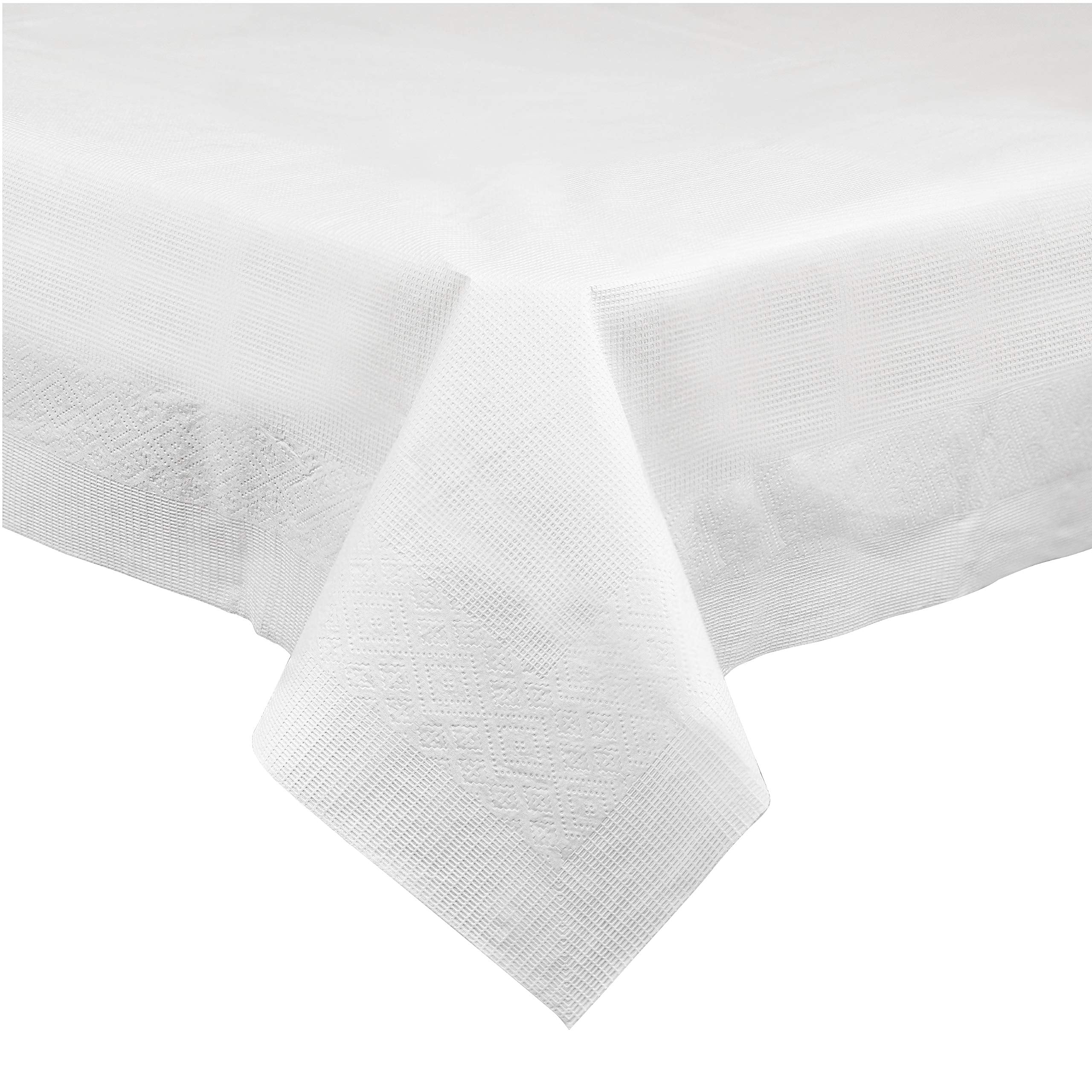 Plasticpro Disposable 3 Ply Paper & Plastic Tablecloth Absorbent, Waterproof, White Table Cover For Rectangle Tables Fits 6-8 Fo