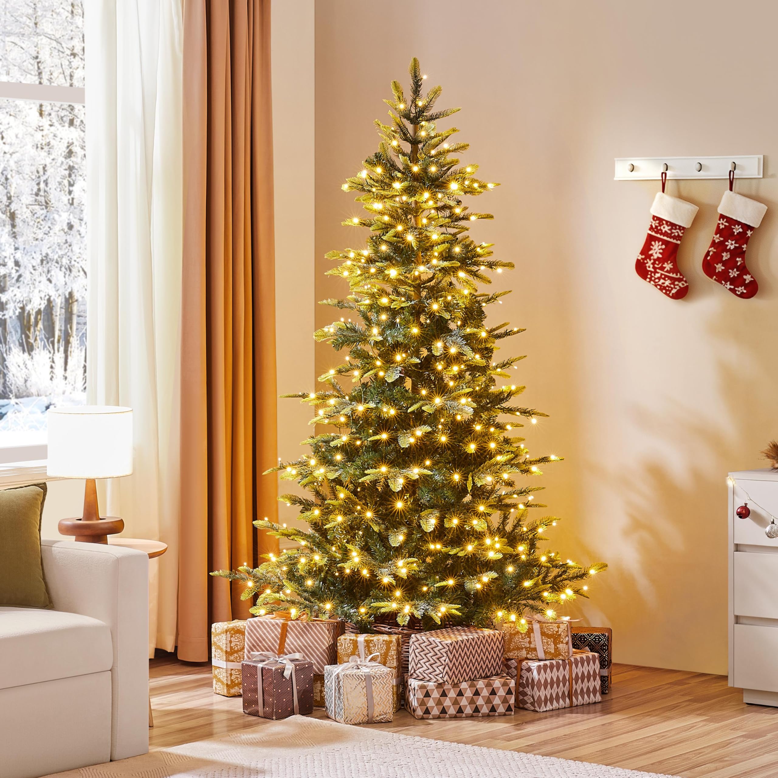 Yaheetech 6ft Pre-lit Aspen Fir Artificial Christmas Tree with 400 Warm White LED Lights Full Prelighted Xmas Tree w/828 Branch