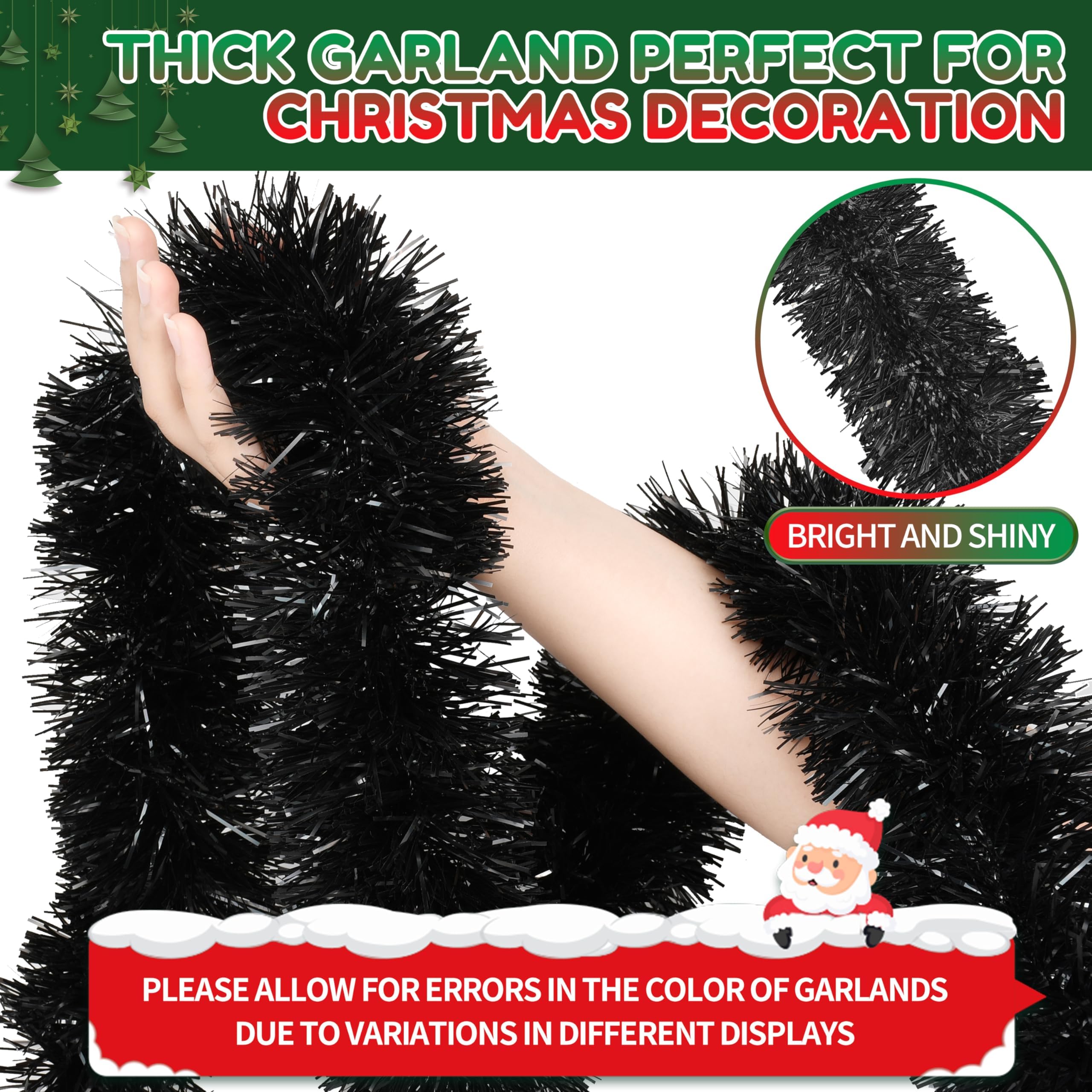 50 Ft Christmas Tinsel Garland Black Thick Tinsel Garland Xmas Tree Decorations Metallic Tinsel Twist Garland for Christmas, Bir