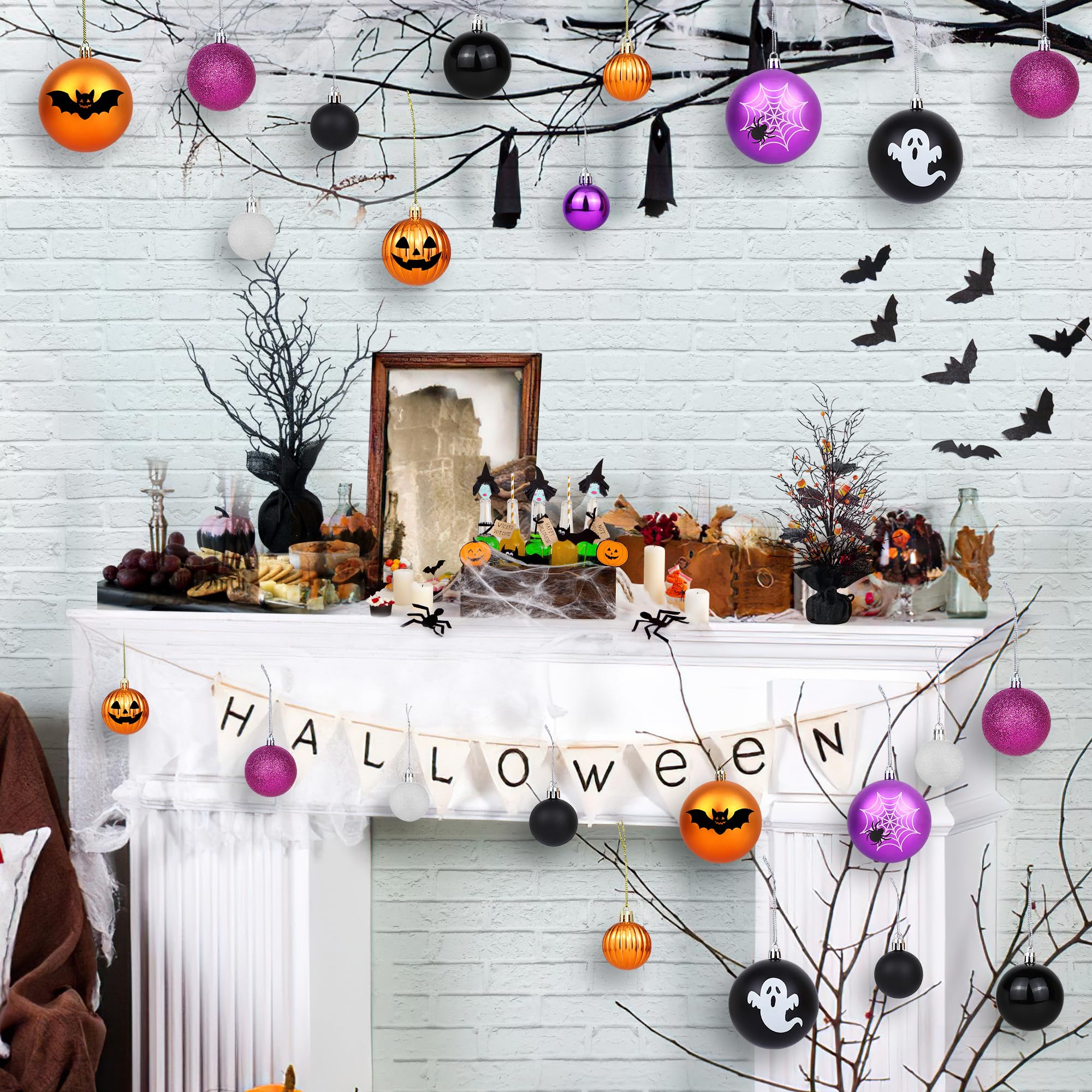 Halloween Ball Ornaments for Tree, 36PCS Halloween Tree Decorations Shatterproof Pumpkin Bat Spider Ghost Ornaments Hanging Ball