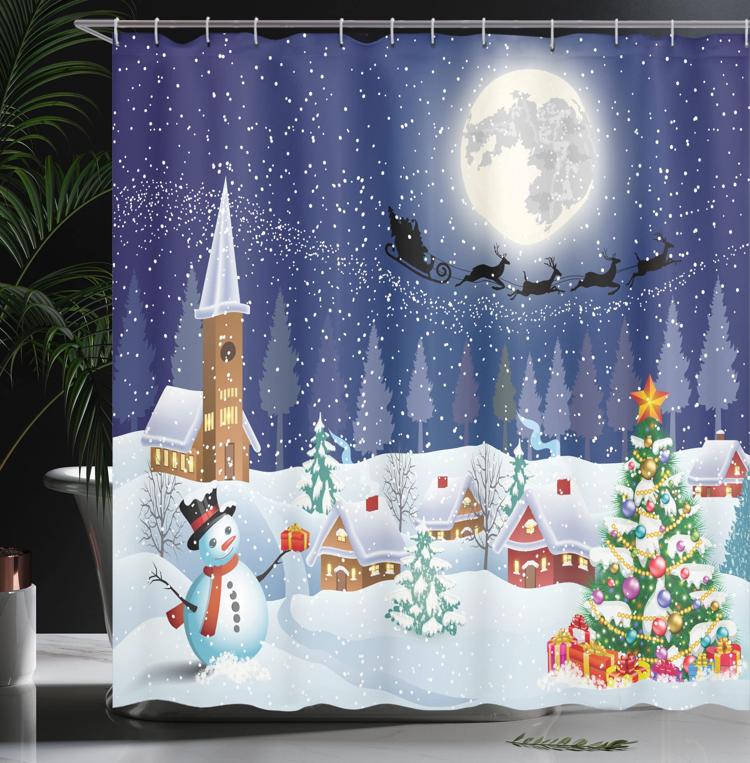 Ambesonne Christmas Shower Curtain, Winter Season Snowman Xmas Tree Santa Sleigh Moon Present Boxes Snow And Stars, Cloth Fabric