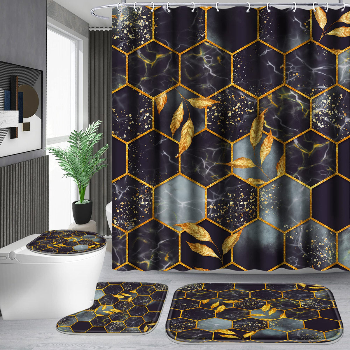 Poedist 4 Pcs Bathroom Shower Curtain Set,Bathroom Sets With Rugs(Bath Mat,U Shape And Toilet Lid Cover Mat) And 12 Hooks,Honeyc