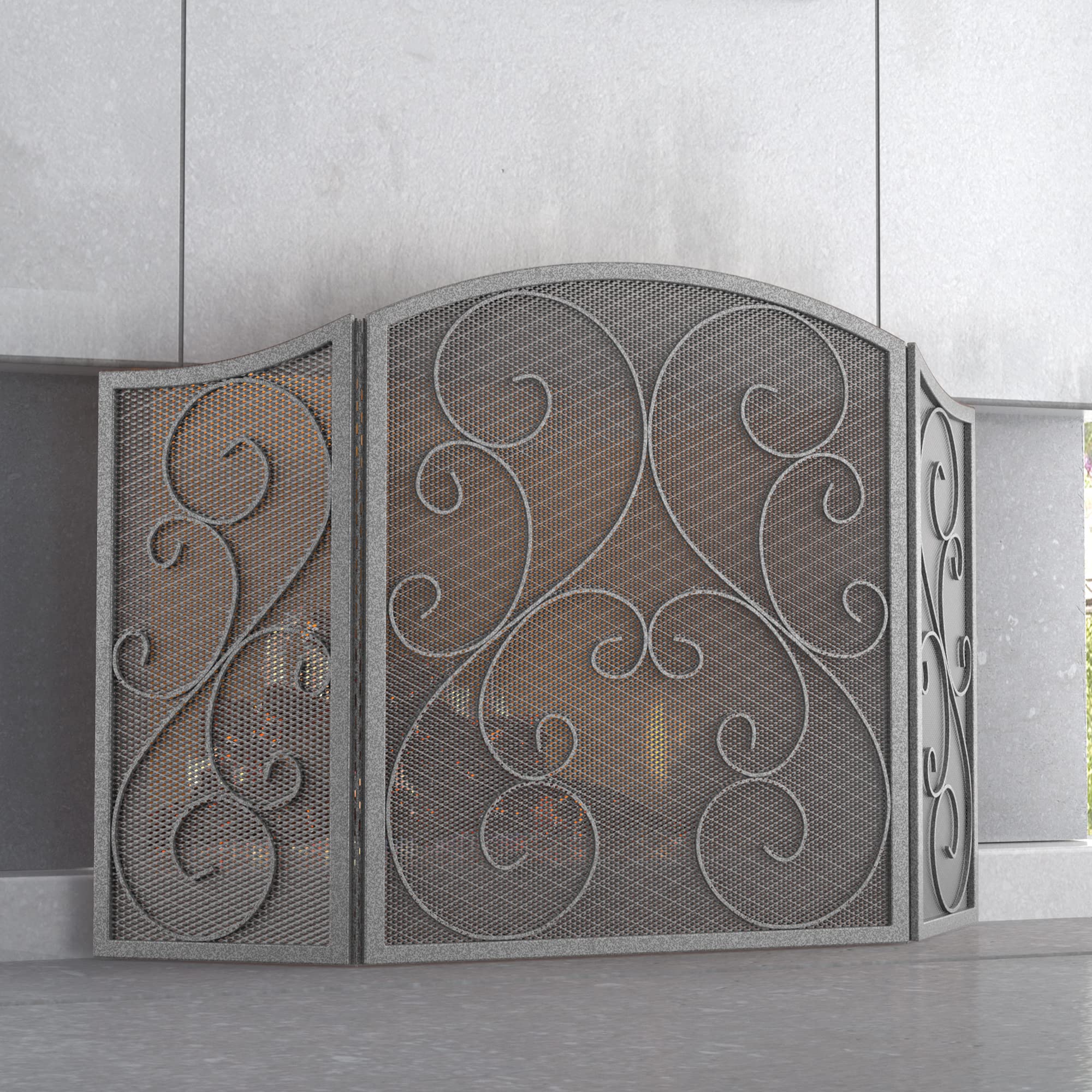 Fire Beauty Fireplace Screen 3 Panel Wrought Iron Metal 48 ''(L) x30(H) Spark Guard Cover(Pewter)
