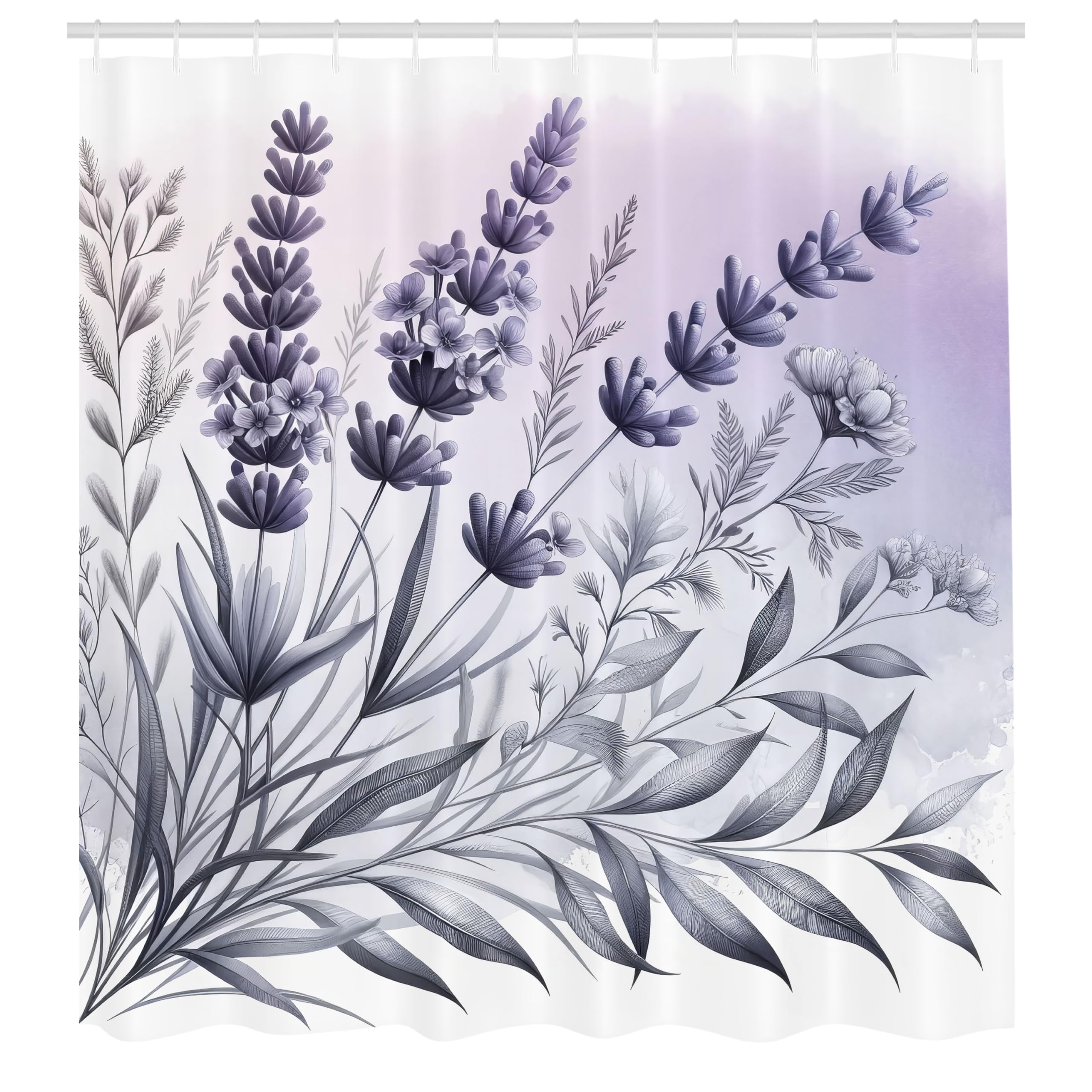 Ambesonne Lavender Shower Curtain, Muted Tones Drawn Leafy Blooms With Dreamy Cloud Details On Plain Back, Cloth Fabric Bathroom