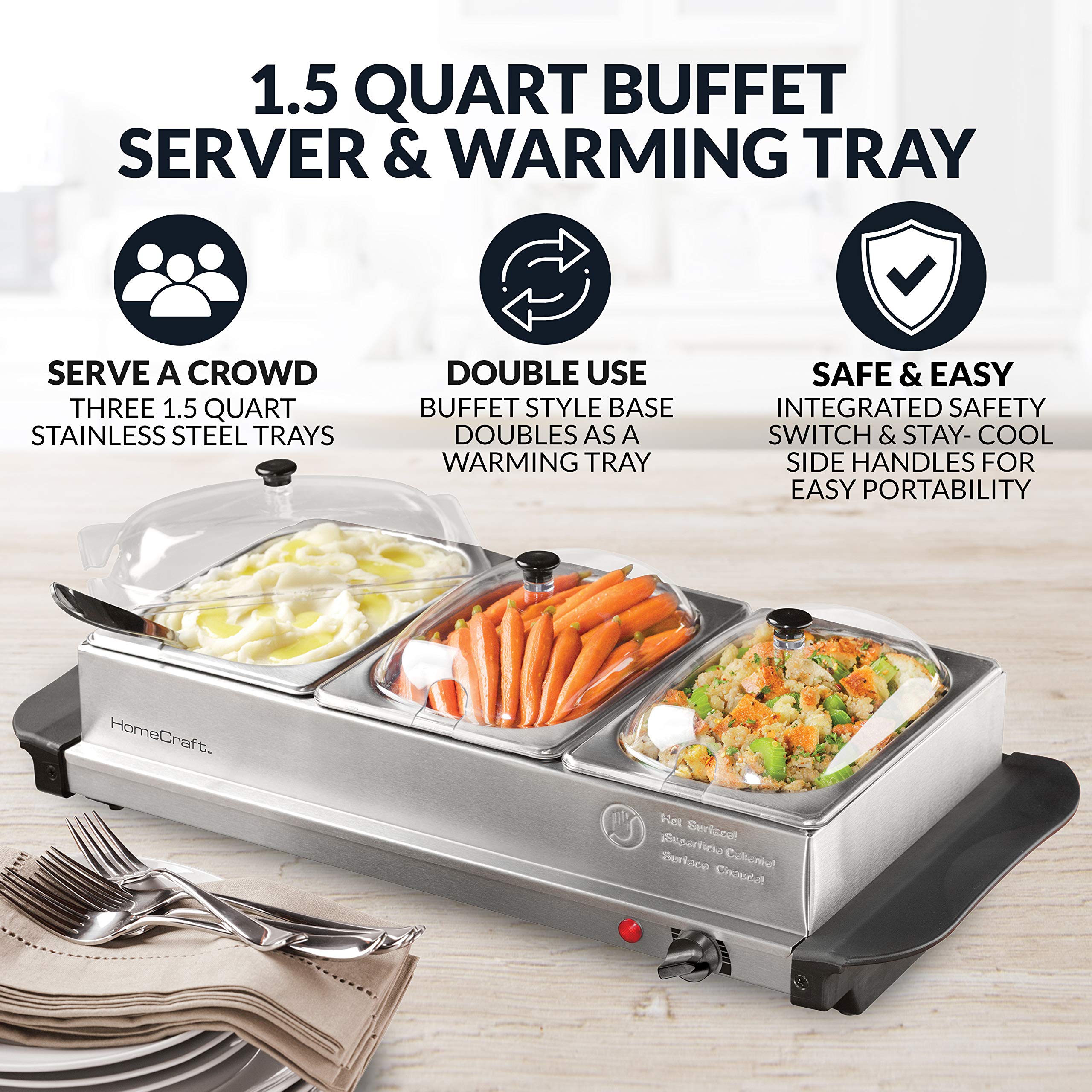 Homecraft Hcbs15Ss 3-Station 1.5-Quart Stainless Steel Buffet Server Slow Cooker & Warming Tray, Adjustable Temperature, Perfect