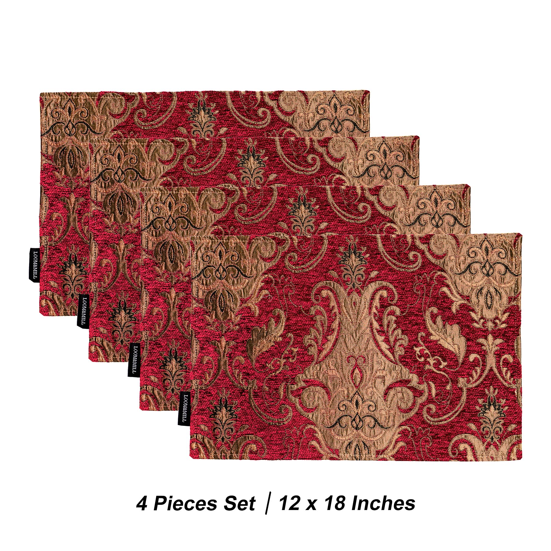 Loom And Mill Luxury Damask Placemats, Set Of 4 Vintage Jacquard Chenille Table Place Mats For Dining Table Kitchen Room Holiday