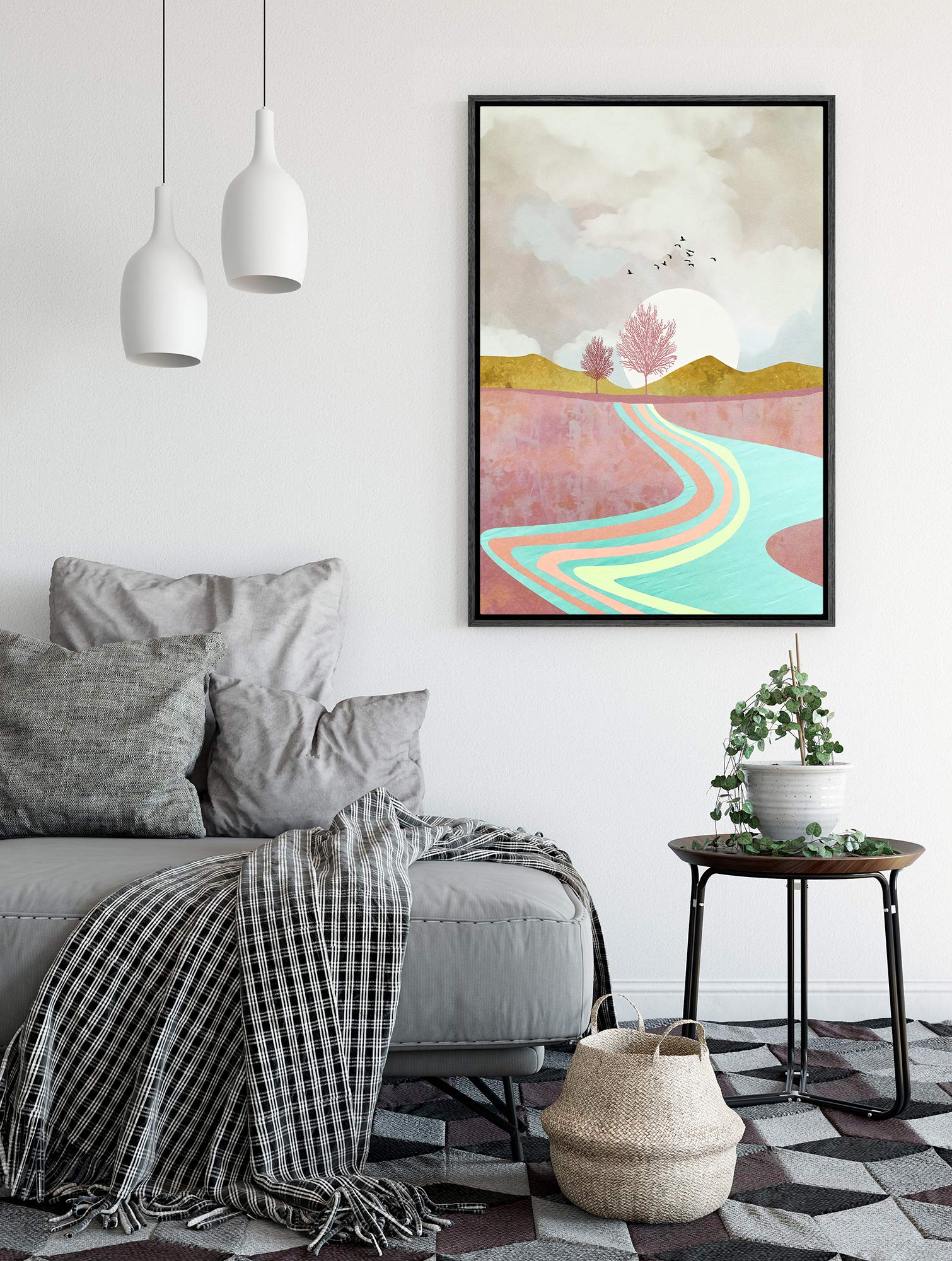 Signford Framed Canvas Print Wall Art Pink Forest Landscape With River & Birds Abstract Wilderness Illustrations Modern Art Cont