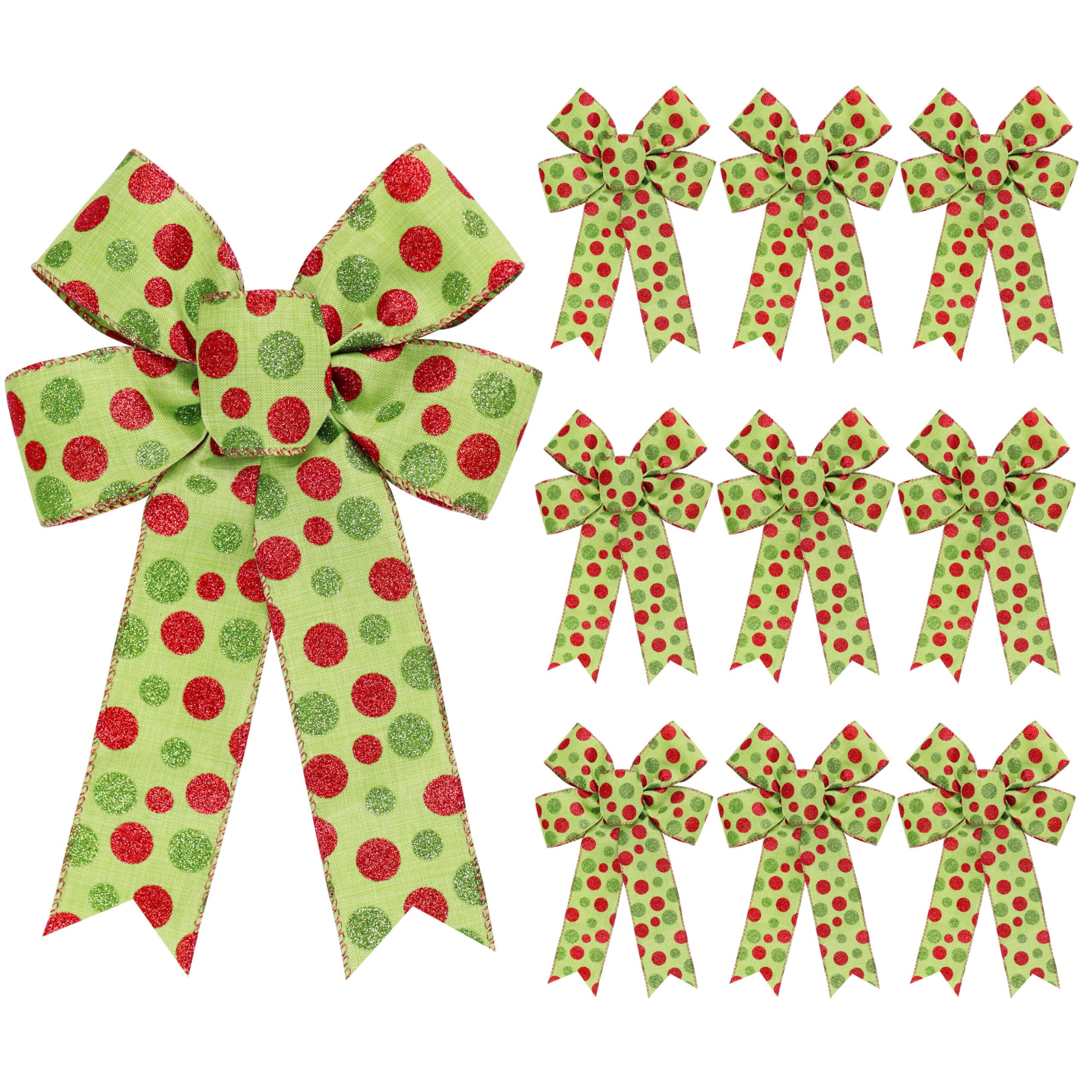 10 Pack Red Green Bows Christmas Tree Decorations,9   x13    Large Wreath Bow with Glitter Red Green Dot for Xmas Home Fence Sta