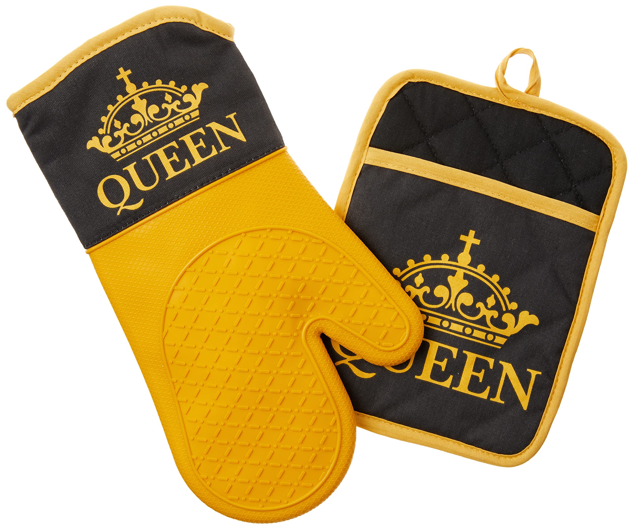 African American Expressions - Oven Mitt/Pot Holder Silicone Set, Queen Black And Gold, 36 X 26 Inch, Km-03