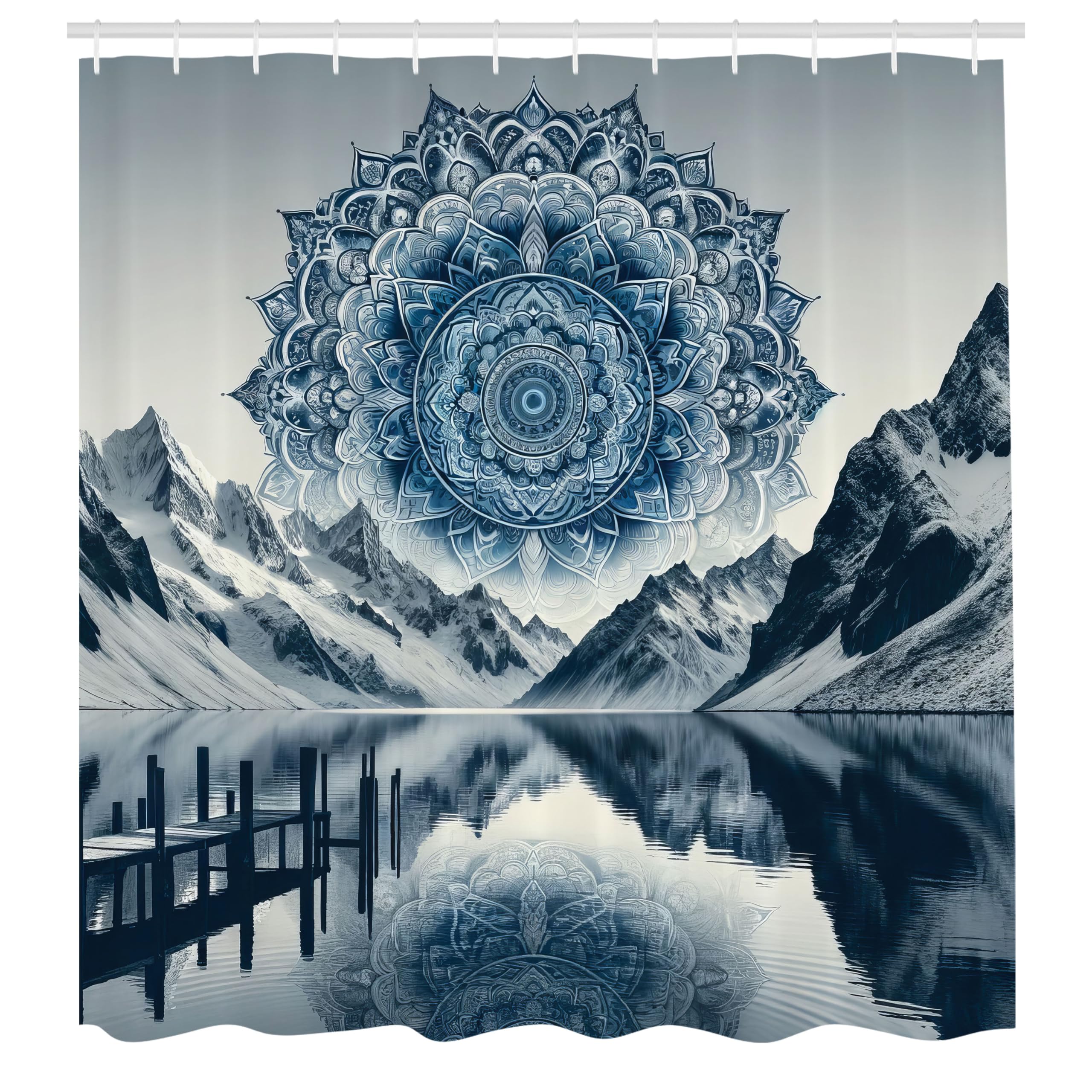 Ambesonne Lake Shower Curtain, Snowy Mountains Around Calm Water Peaceful Scene With Ethnic Boho Mandala In The Sky, Cloth Fabri