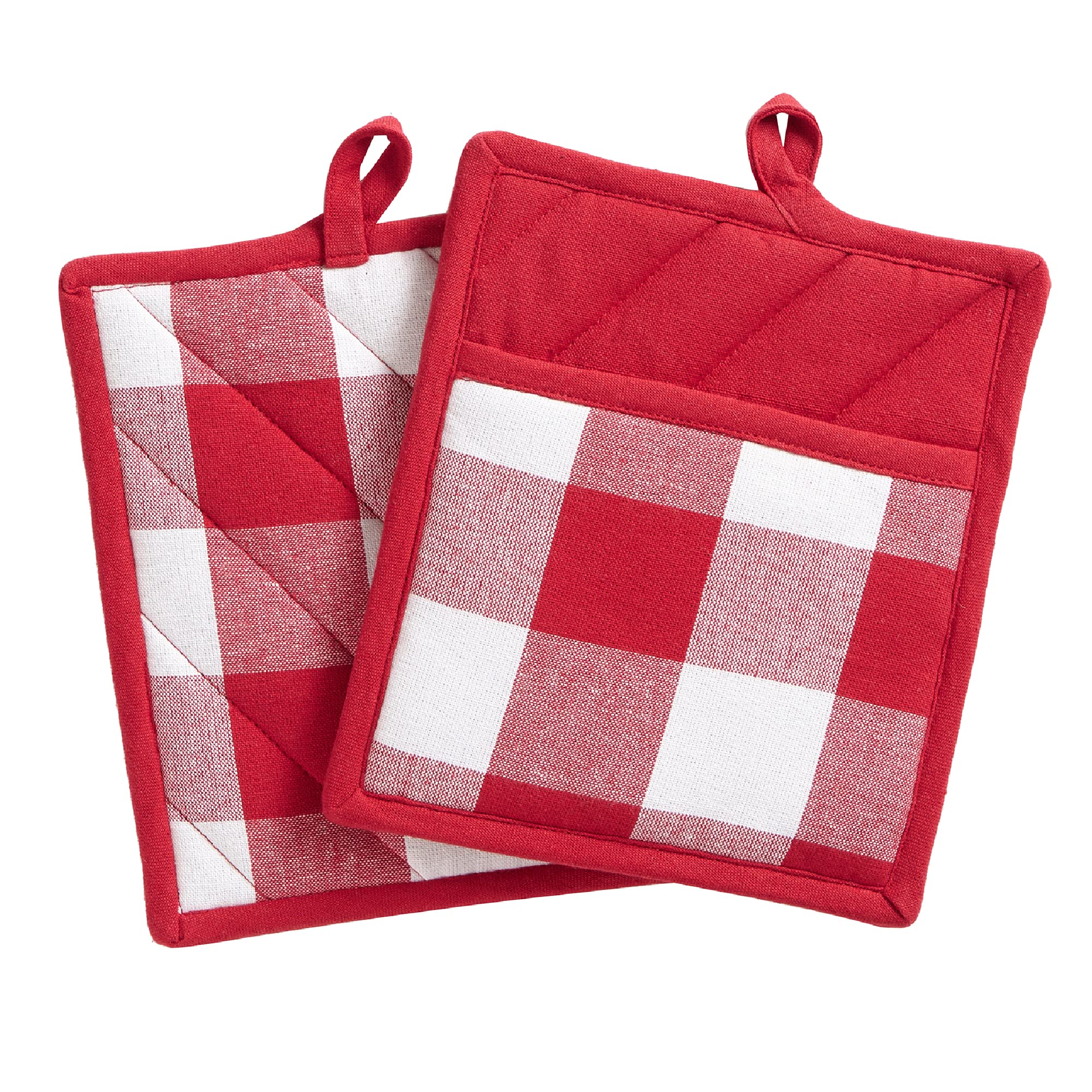 Elrene Home Fashions Farmhouse Living Buffalo-Check Pot-Holder Set, Rustic Pot Holders For Kitchen, Set Of 2, 8'' X 9'', Red/Whi