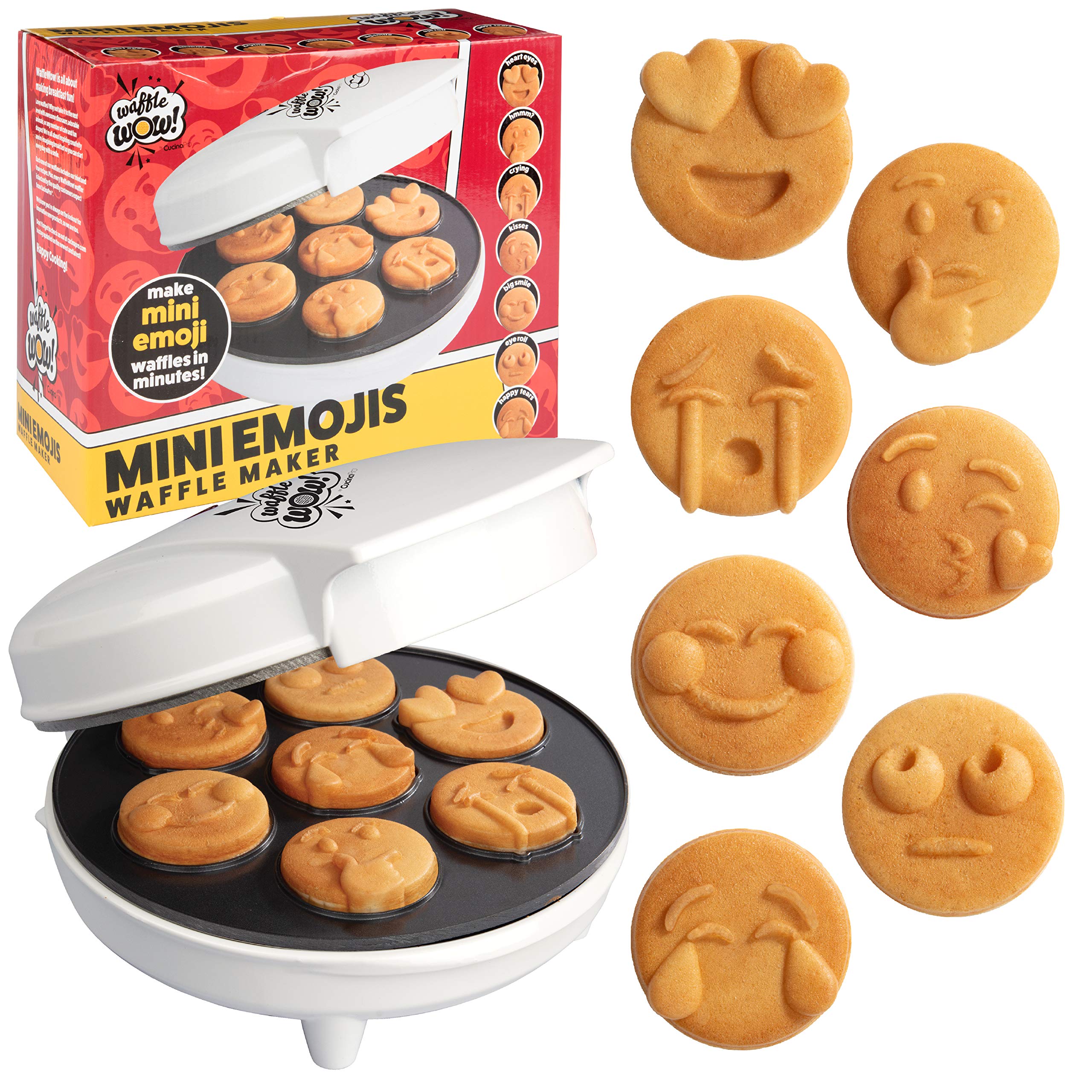 Mini Emojis Waffle Maker for Mothers Day Breakfast- Make 7 Unique Smiley Face Waffles Pancakes for Kids- Electric Non-Stick Iro