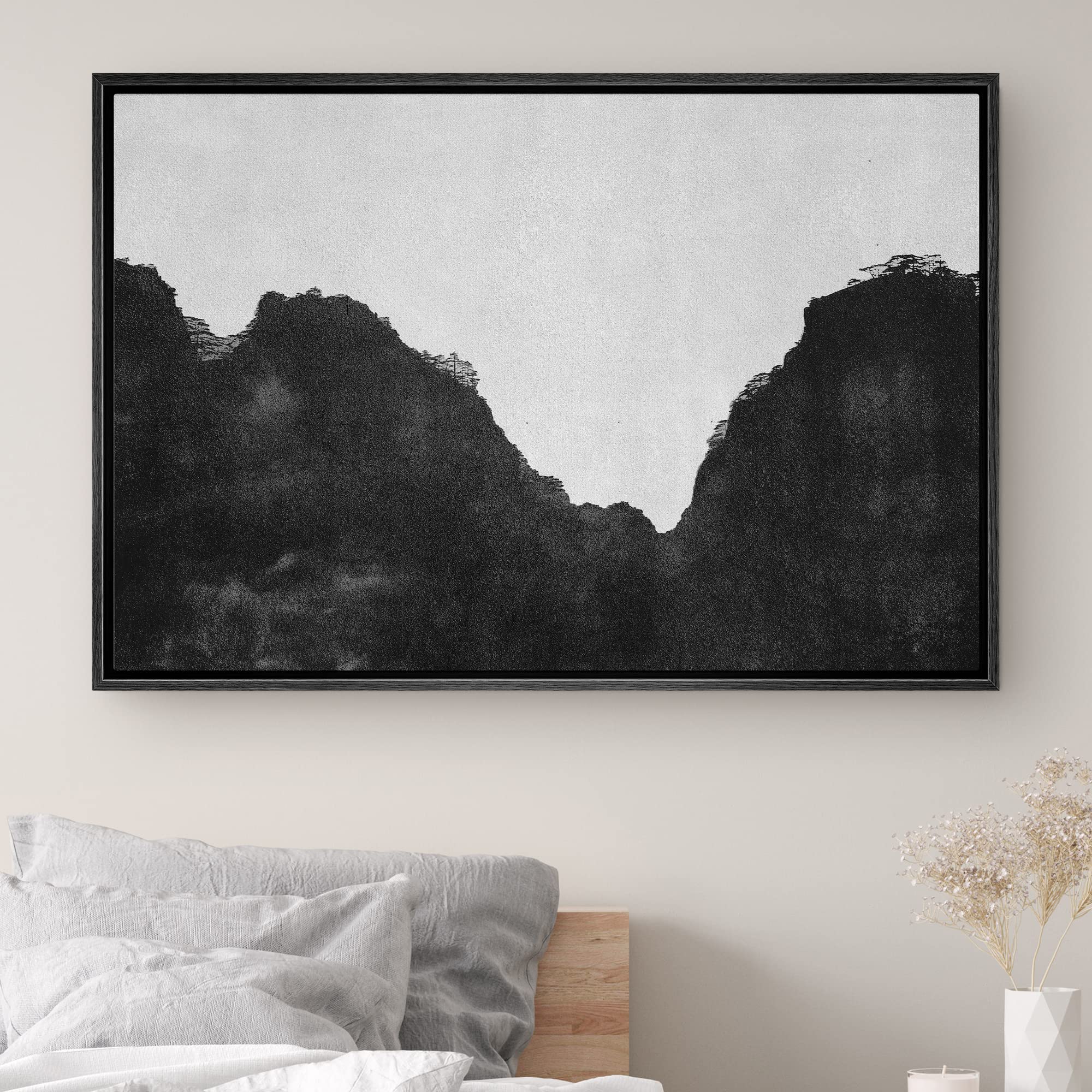 SIGNWIN Framed Canvas Print Wall Art Black Gray Watercolor Mountain Landscape Abstract Nature Illustrations Modern Art Decorative Elements Duotone for Living Room  Bedroom  Office - 16''x24'' Black