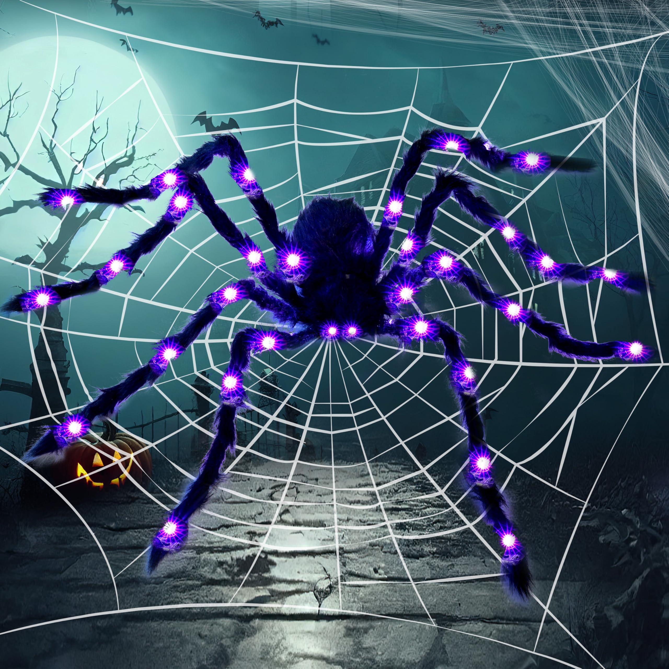 JOYIN Halloween Outdoor Decorations Light-Up Giant Spider, 5 Ft Large Black Hairy Spider with Purple LED for Yard Lawn Garden Ha