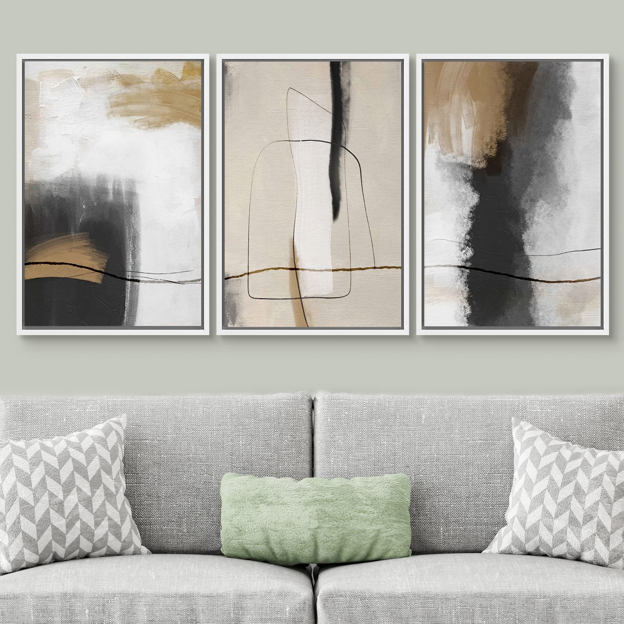 Signwin Framed Canvas Print Wall Art Set Geometric Line Brown Black Pastel Color Field Abstract Shapes Illustrations Modern Art