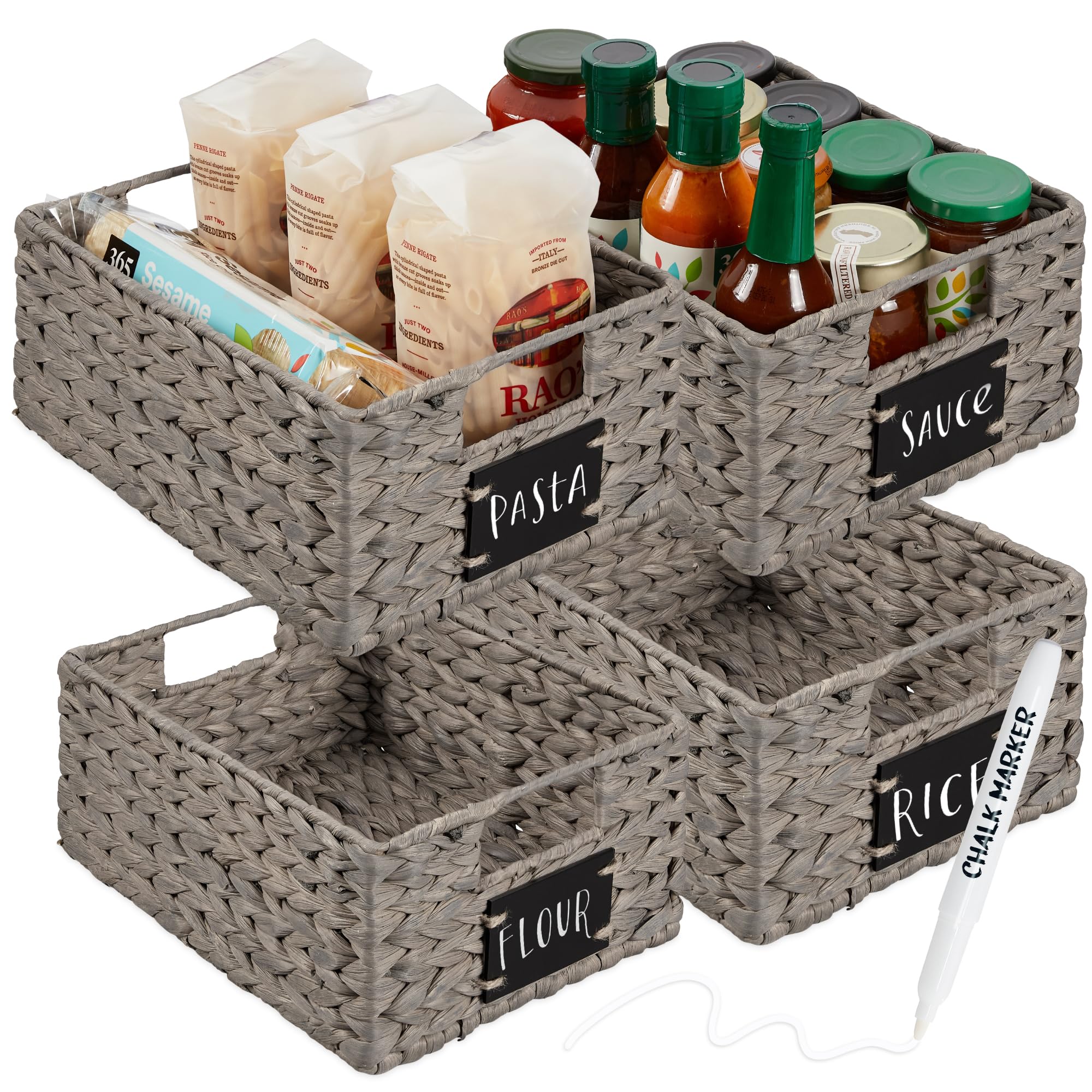 Best Choice Products Set of 4 9x12in Water Hyacinth Pantry Baskets, Woven Organizers w/Chalkboard Label, Chalk Marker - Gray